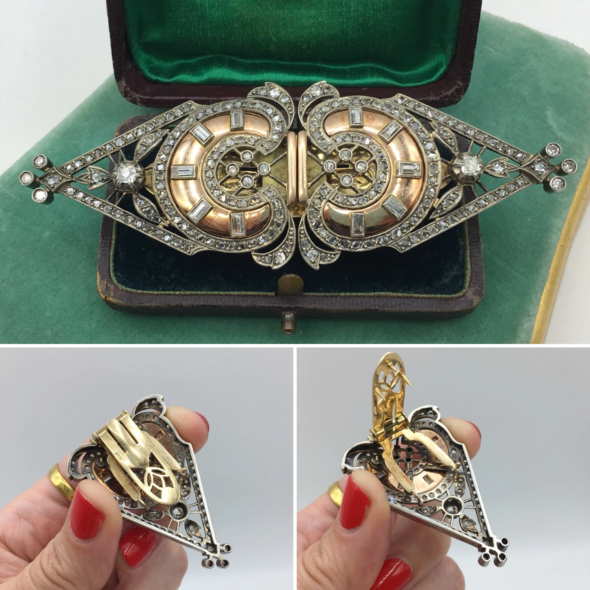 Art Deco gold and diamond duette dress clips Reverie vintage estate jewelry NYC