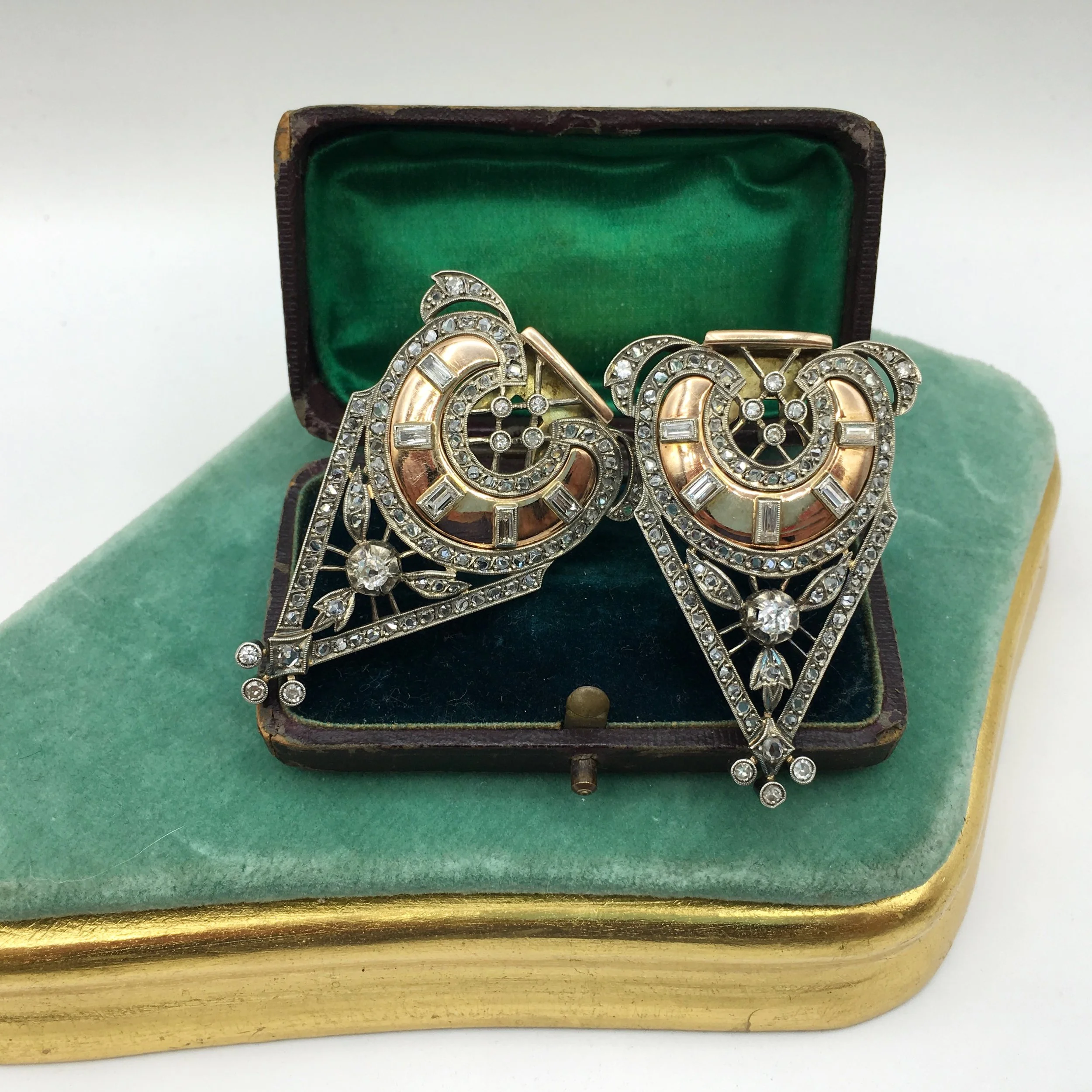 Art Deco gold and diamond duette dress clips Reverie vintage estate jewelry NYC