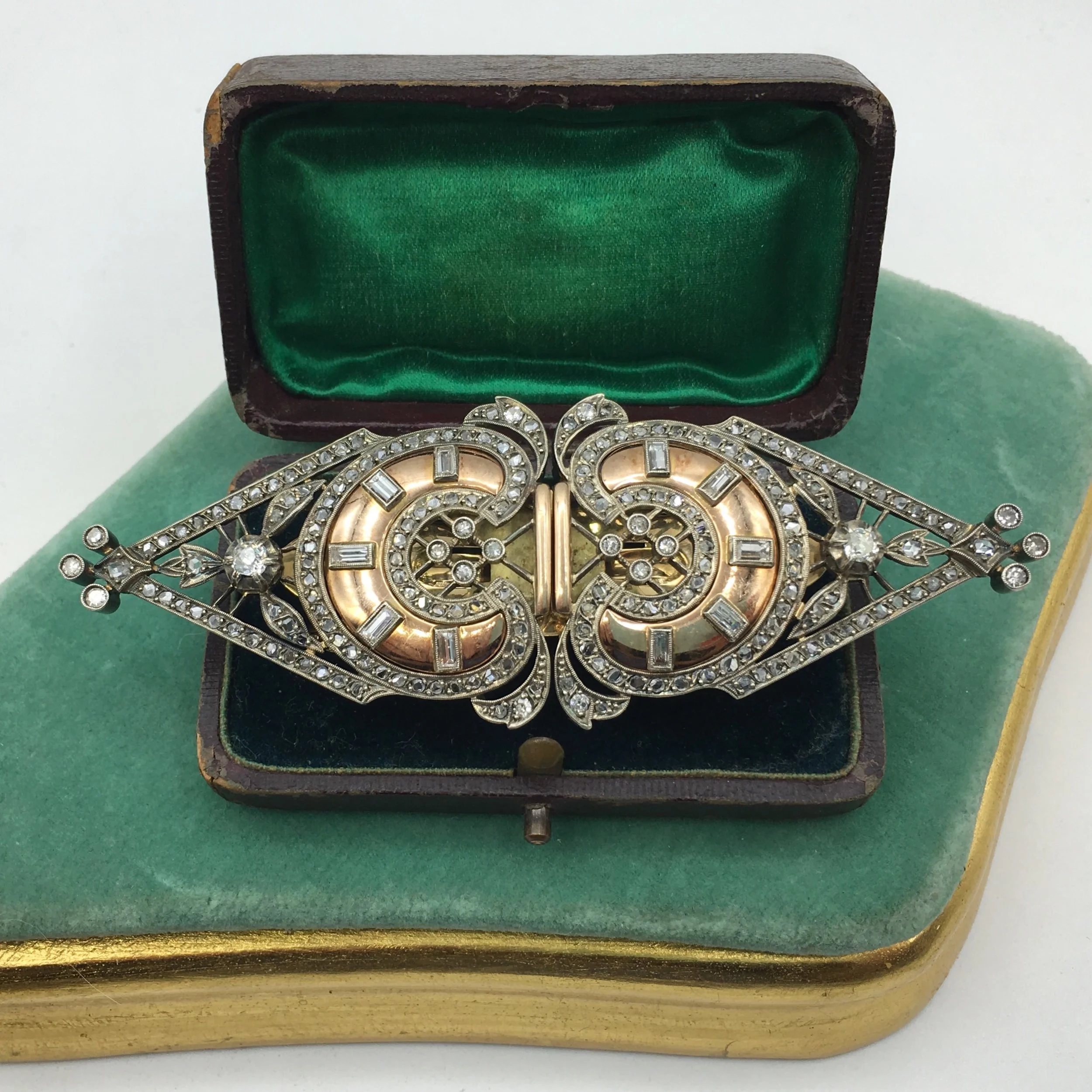 Art Deco gold and diamond duette dress clips Reverie vintage estate jewelry NYC