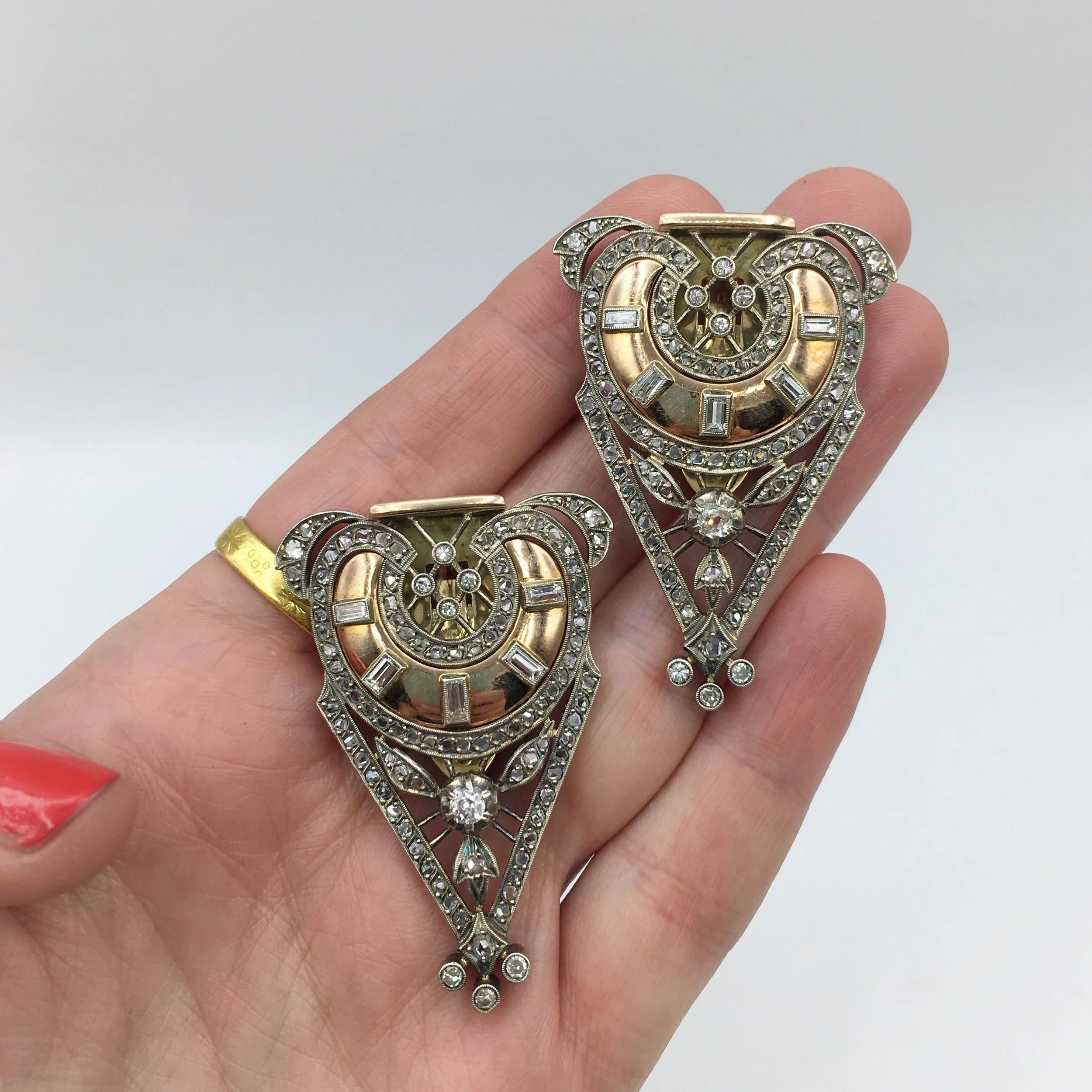 Art Deco gold and diamond duette dress clips Reverie vintage estate jewelry NYC