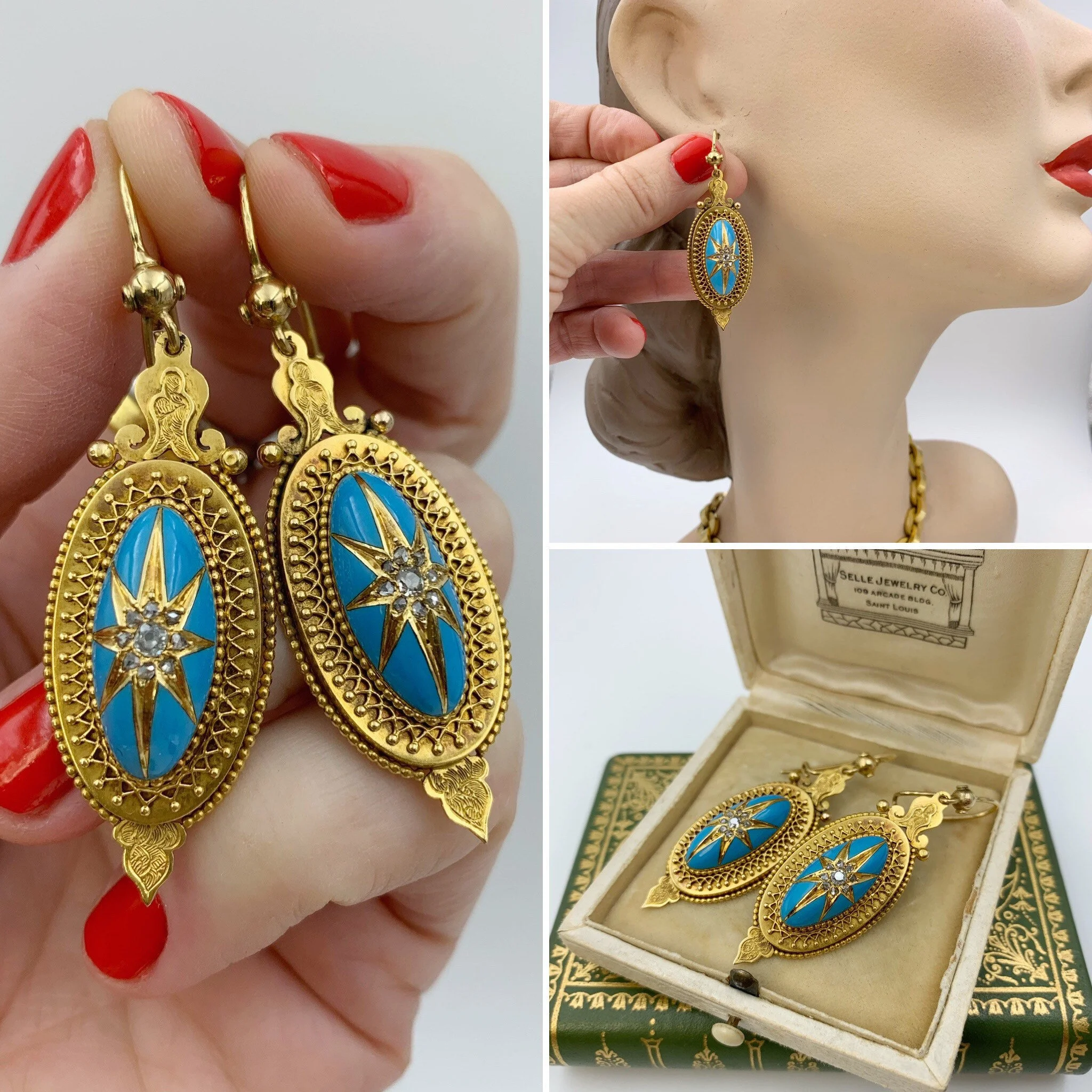 Antique victorian enamel rose cut diamond star earrings