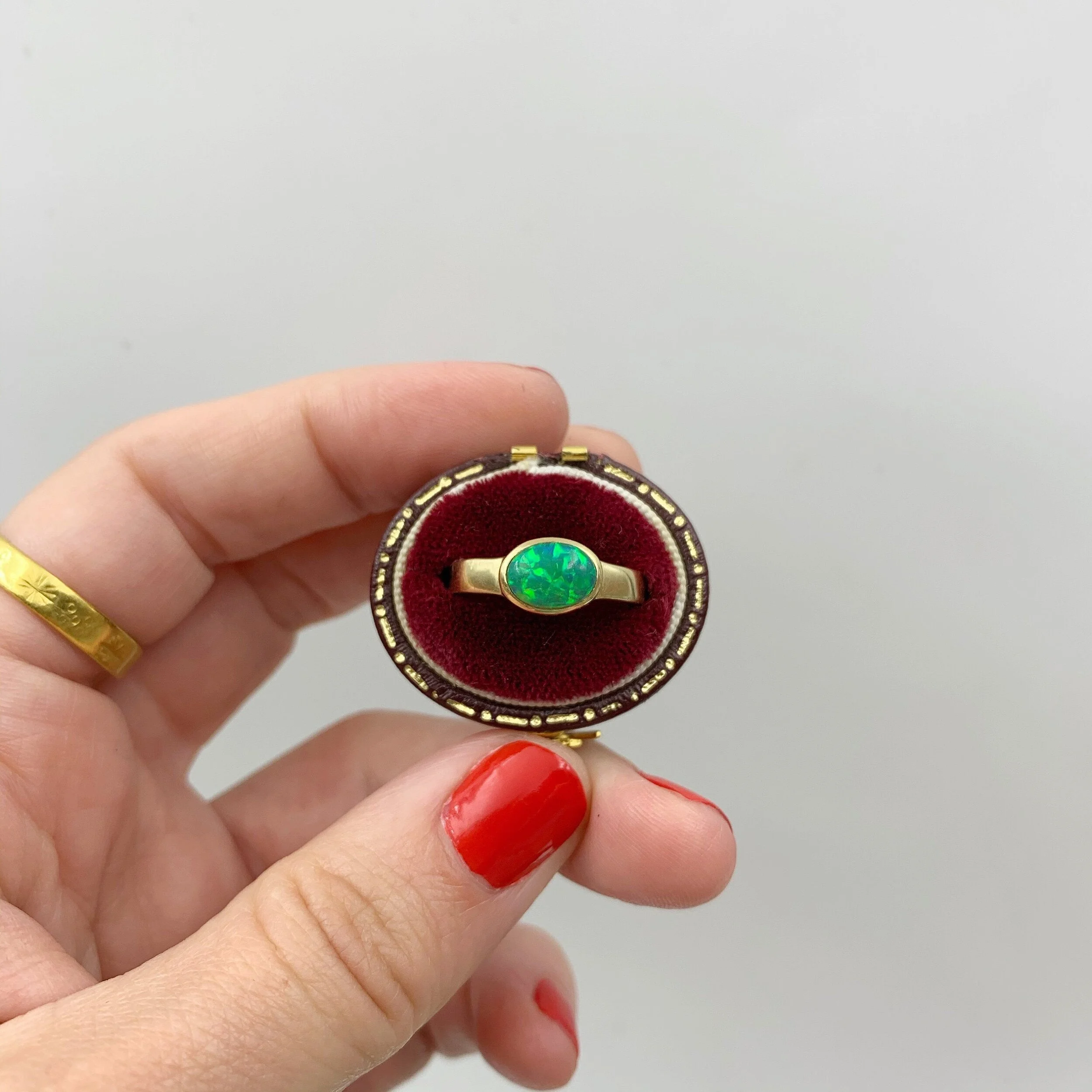 Vintage green opal solitaire ring Reverie vintage jewelry nyc