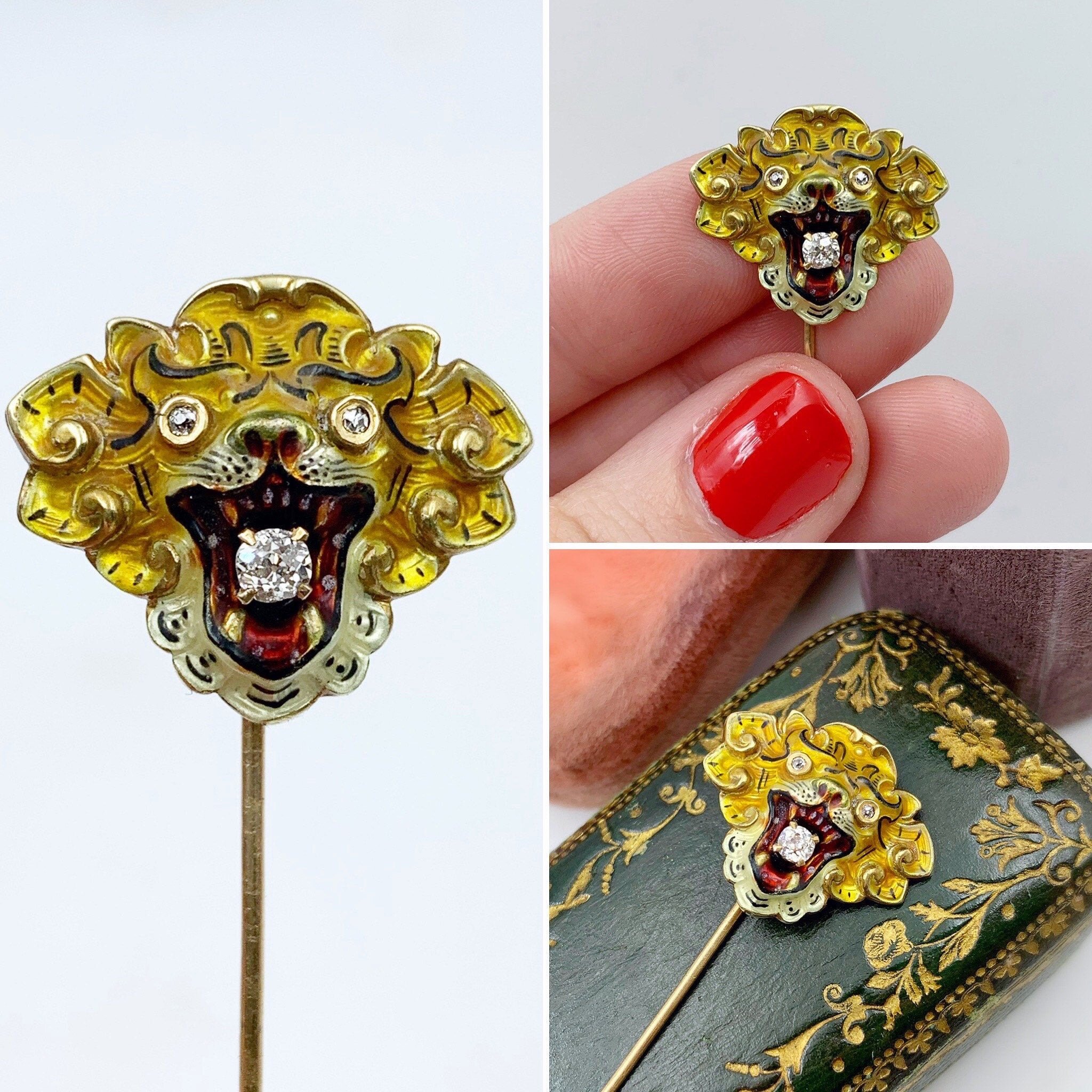 Antique Victorian lion Brooch ruby Jeweled Eyes paste rhinestone mens lapel pin estate jewelry 800 silver mens womens jewellery