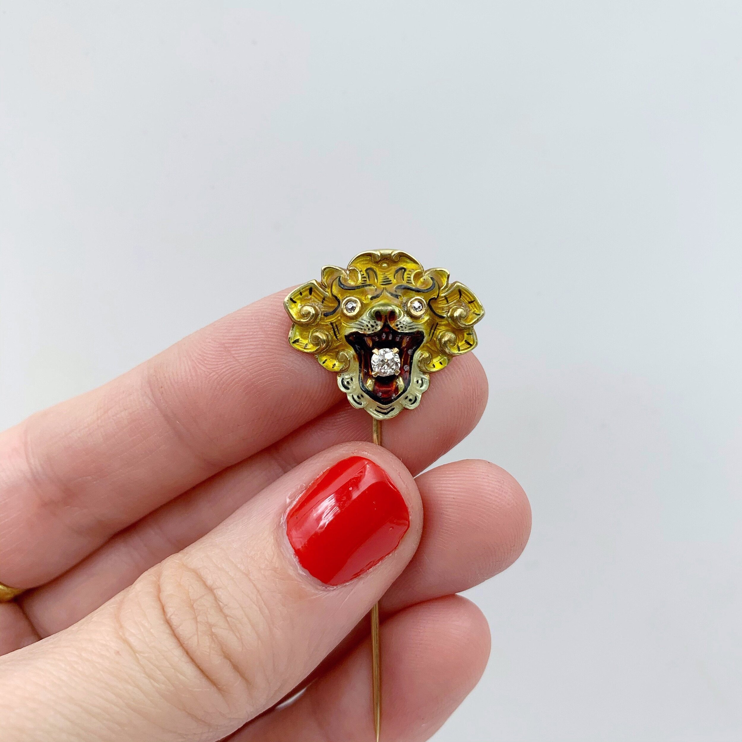 antique enamel tiger stick pin reverie estate jewelry nyc