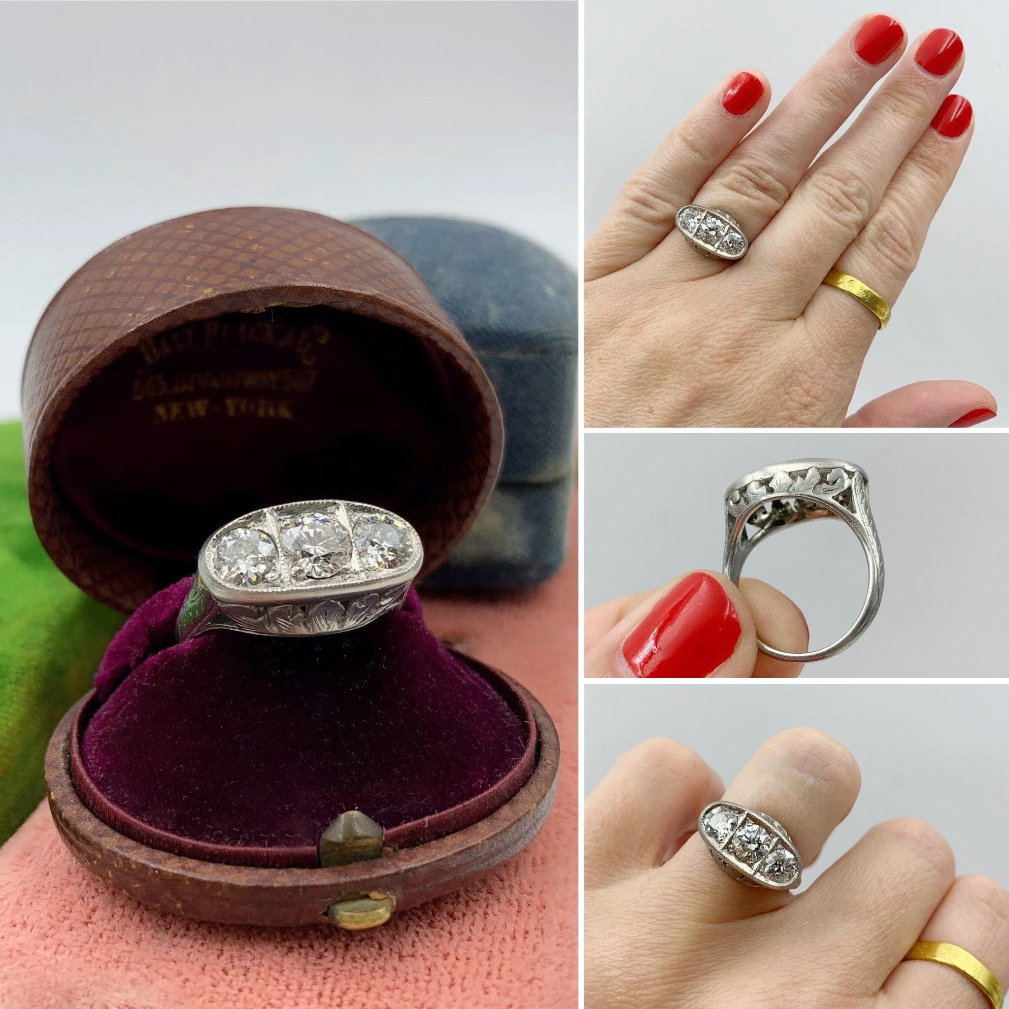 Deco three stone diamond anniversary dinner ring Reverie antique estate jewelry NYC