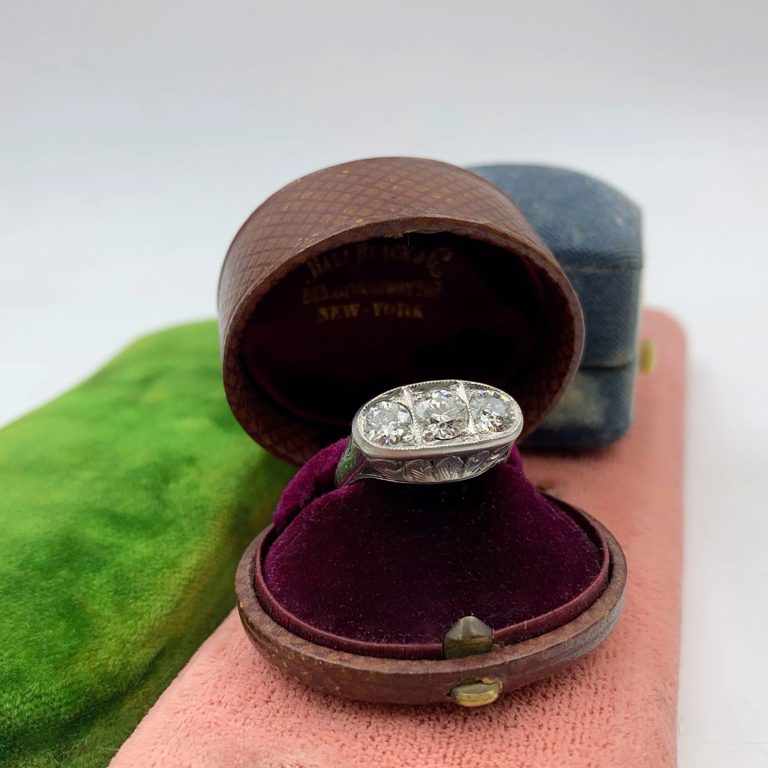 Deco three stone diamond anniversary dinner ring Reverie antique estate jewelry NYC