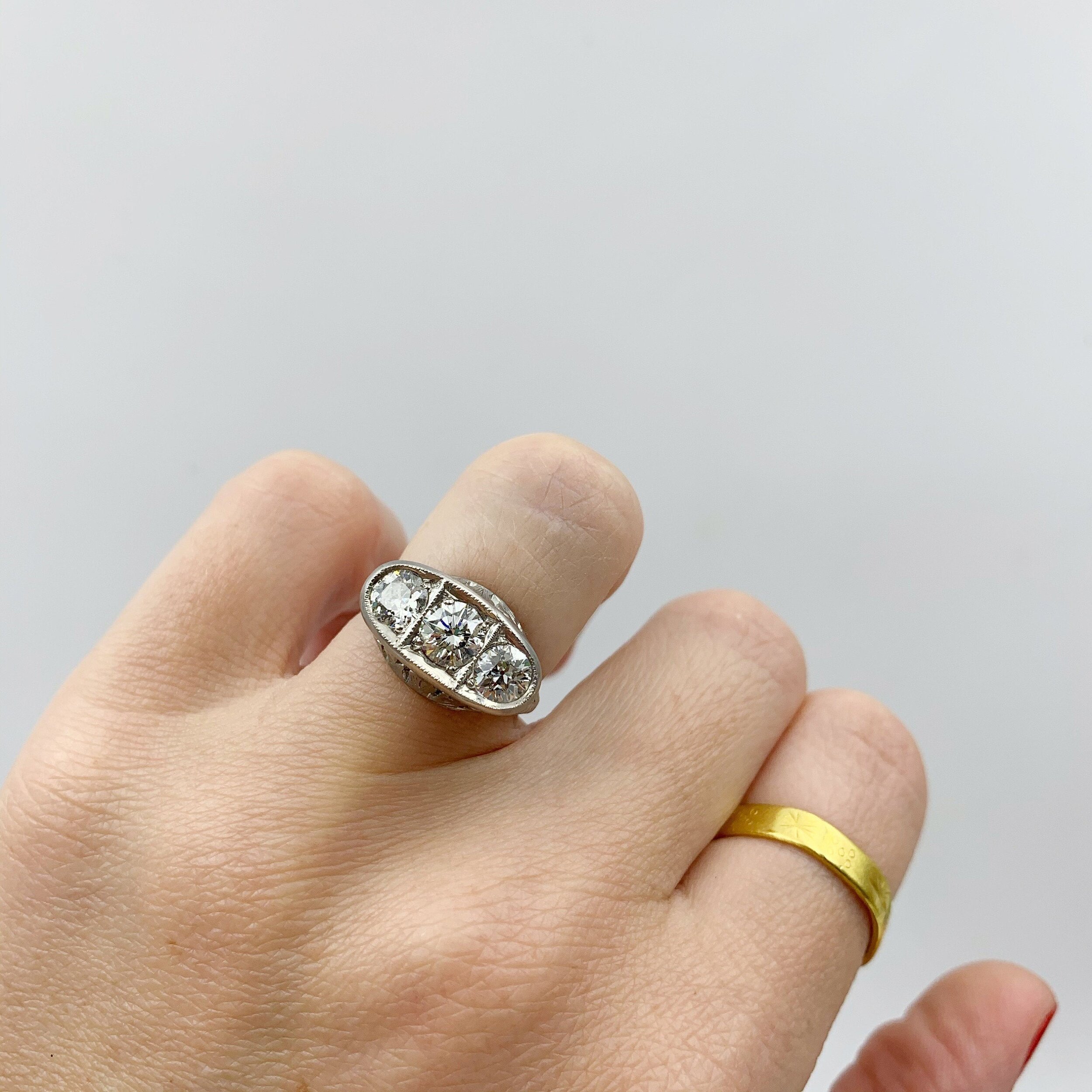 Deco three stone diamond anniversary dinner ring Reverie antique estate jewelry NYC