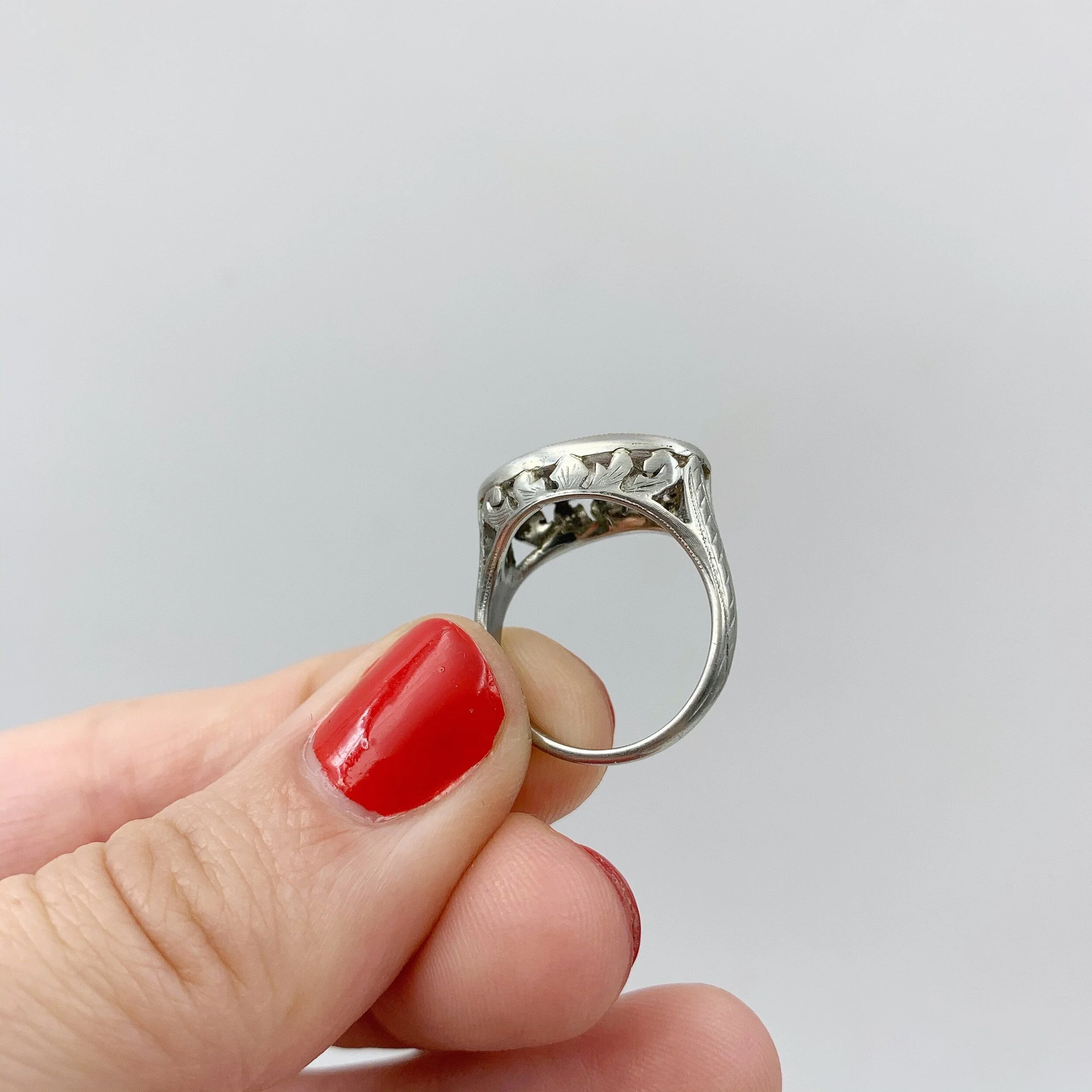 Deco three stone diamond anniversary dinner ring Reverie antique estate jewelry NYC