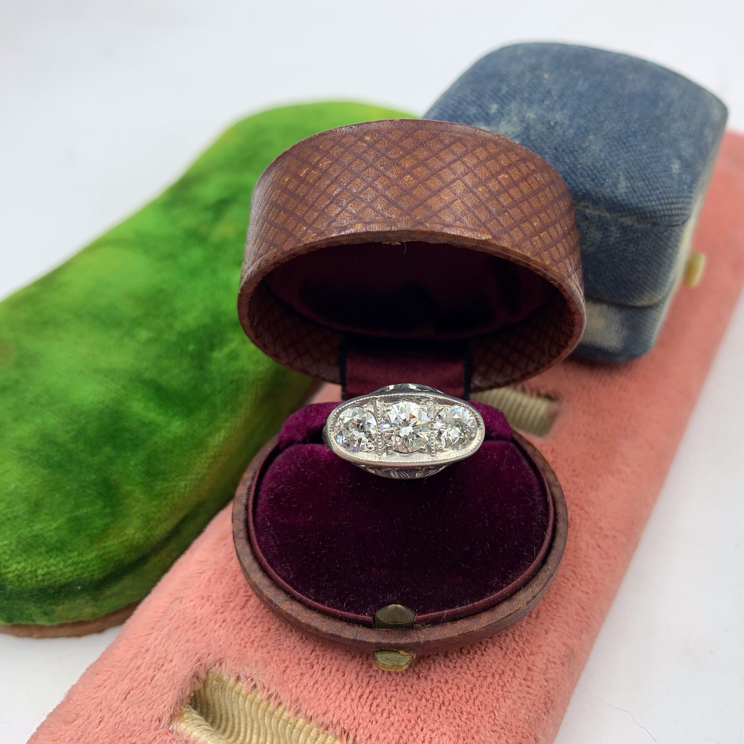 Deco three stone diamond anniversary dinner ring Reverie antique estate jewelry NYC