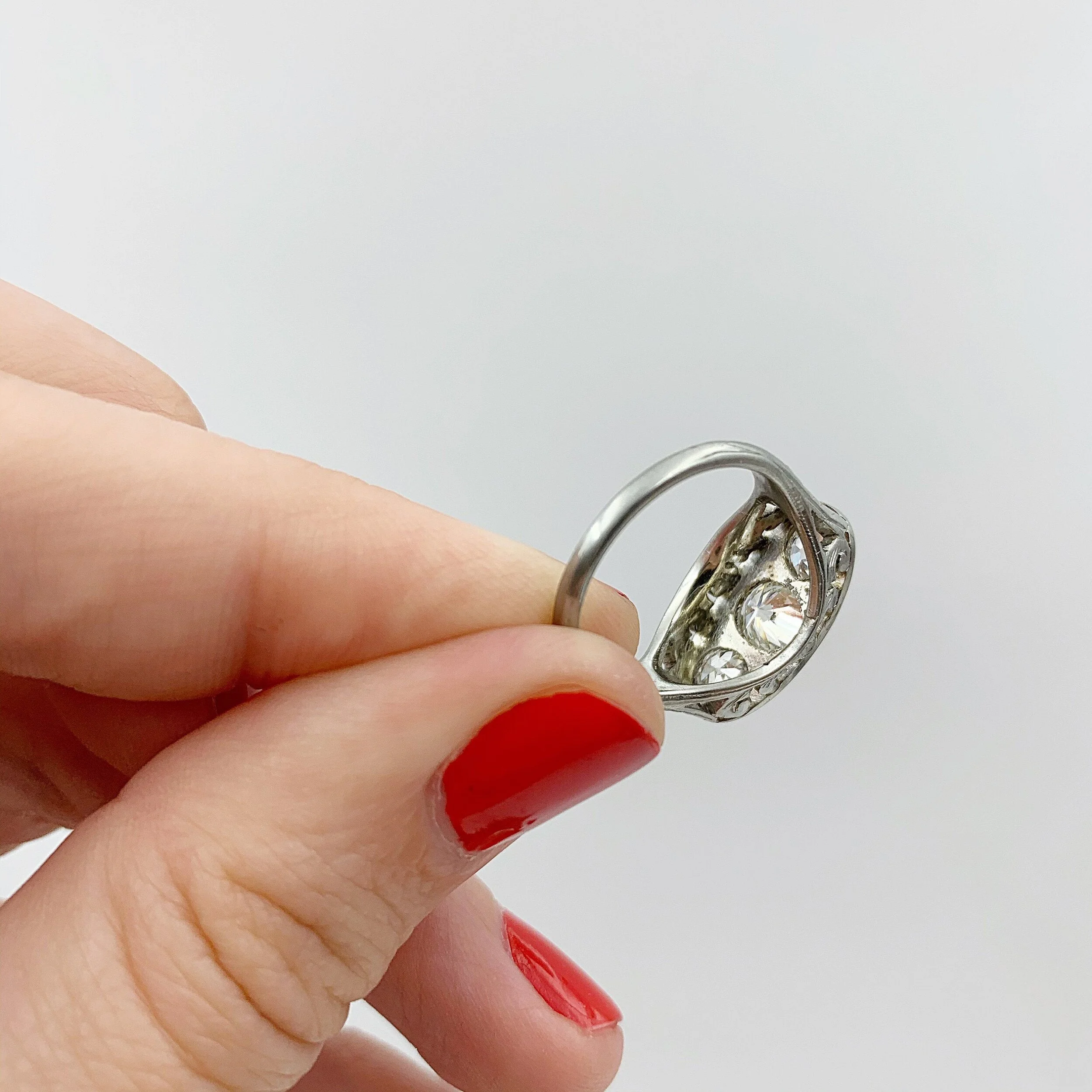 Deco three stone diamond anniversary dinner ring Reverie antique estate jewelry NYC