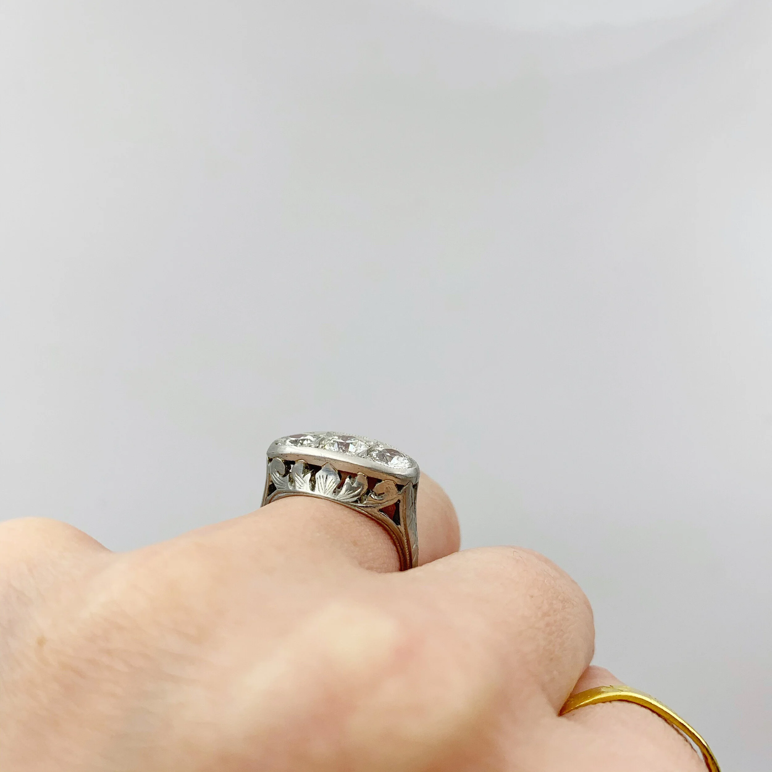 Deco three stone diamond anniversary dinner ring Reverie antique estate jewelry NYC