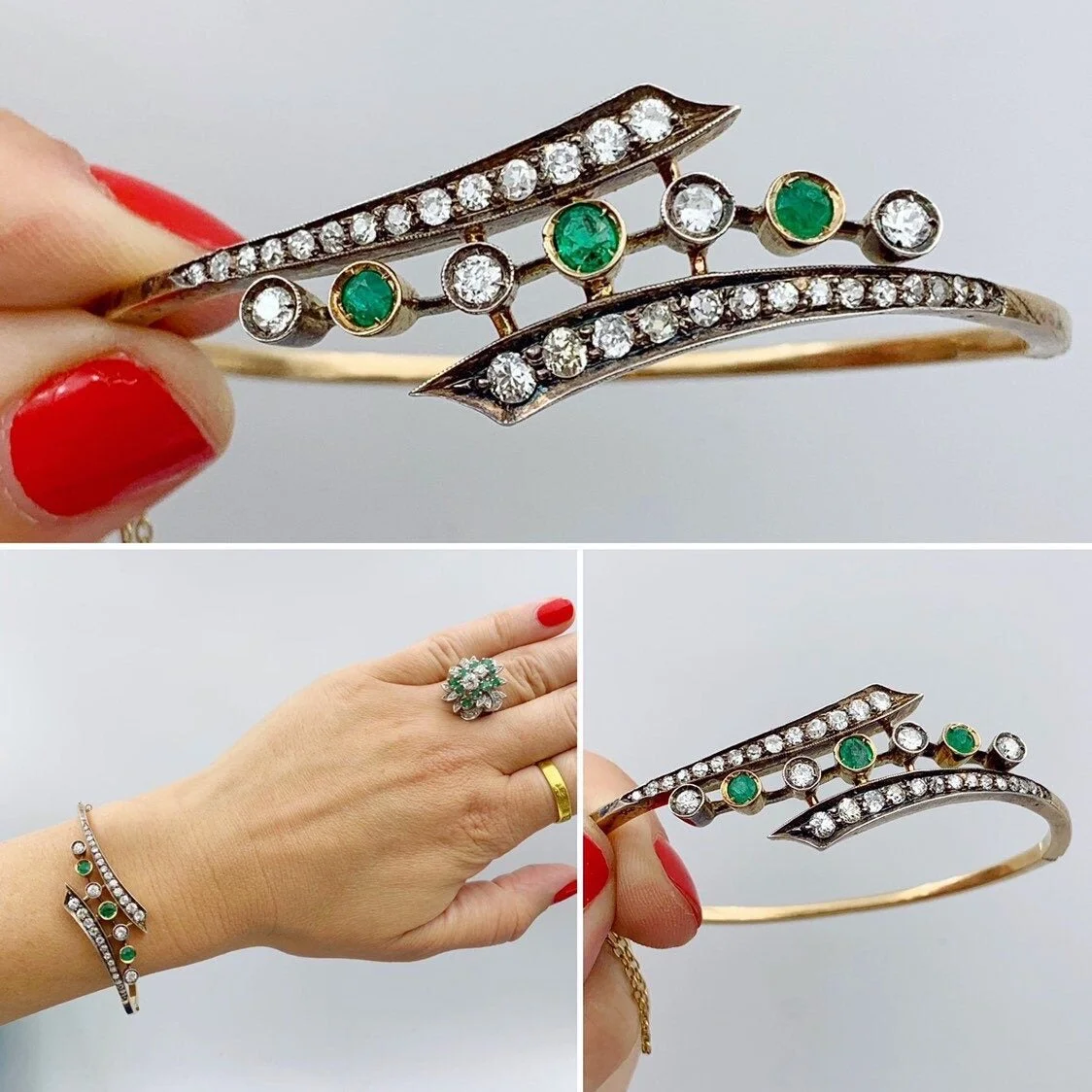 Antique victorian emerald and diamond bangle bracelet reverie estate jewelry nyc