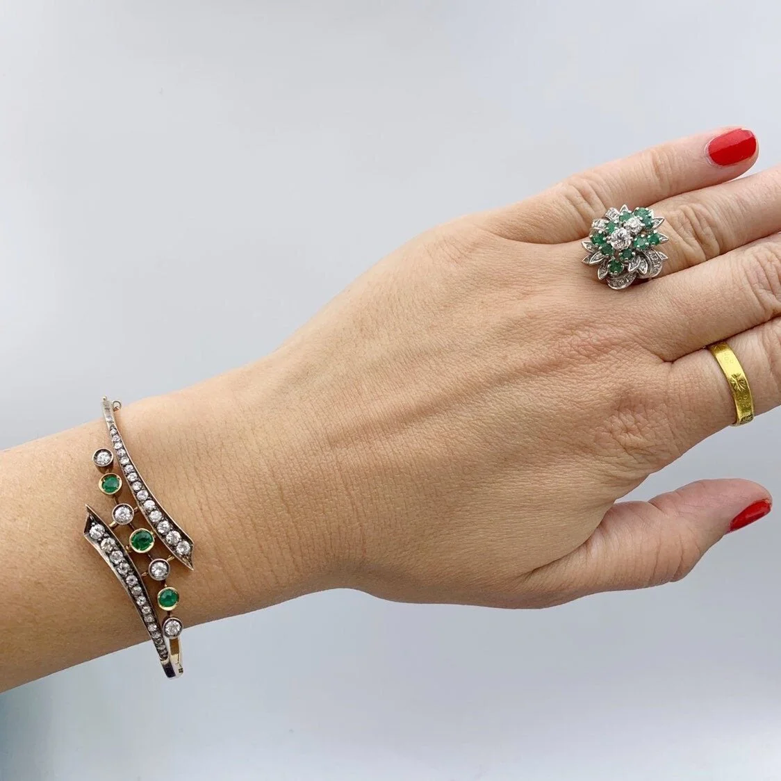 Antique victorian emerald and diamond bangle bracelet reverie estate jewelry nyc