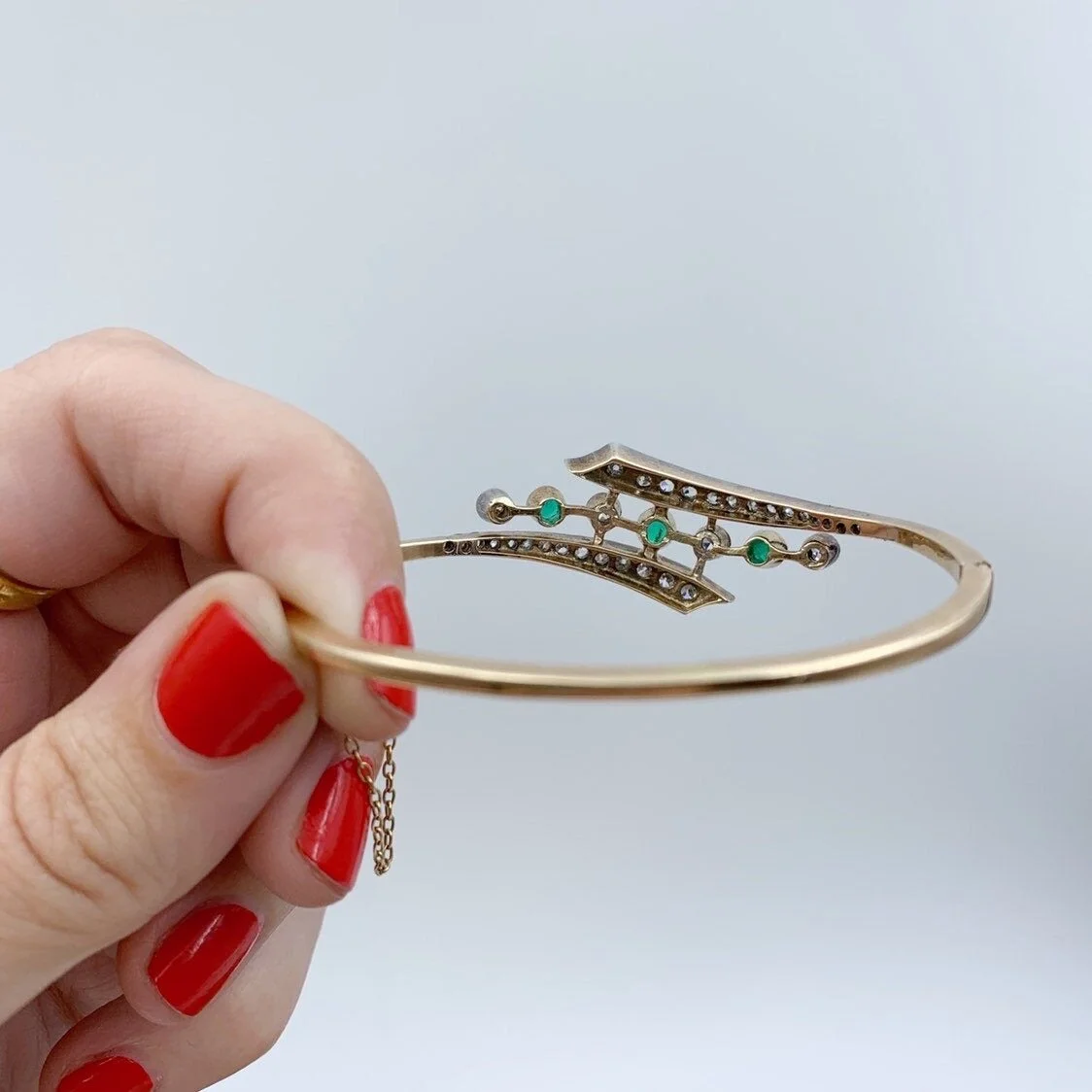 Antique victorian emerald and diamond bangle bracelet reverie estate jewelry nyc