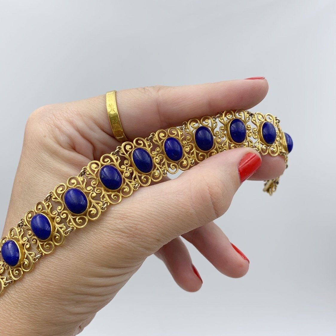 hand wrought handmade gold lapis bracelet reverie vintage estate jewelry nyc