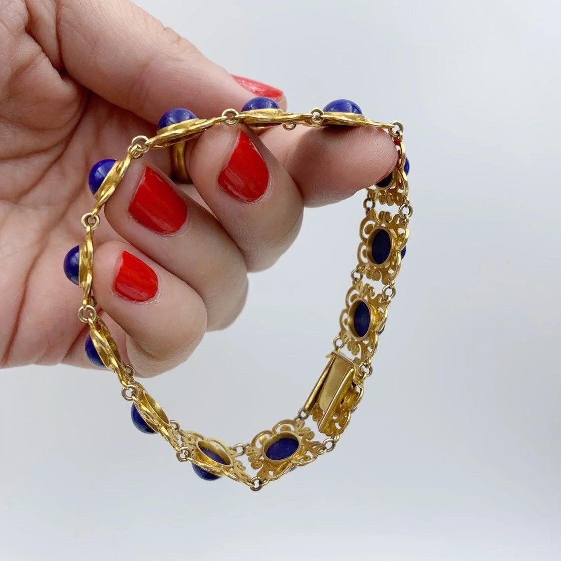 hand wrought handmade gold lapis bracelet reverie vintage estate jewelry nyc