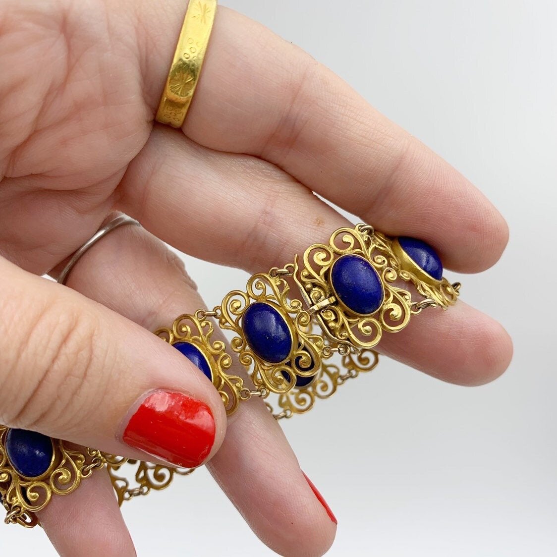 hand wrought handmade gold lapis bracelet reverie vintage estate jewelry nyc