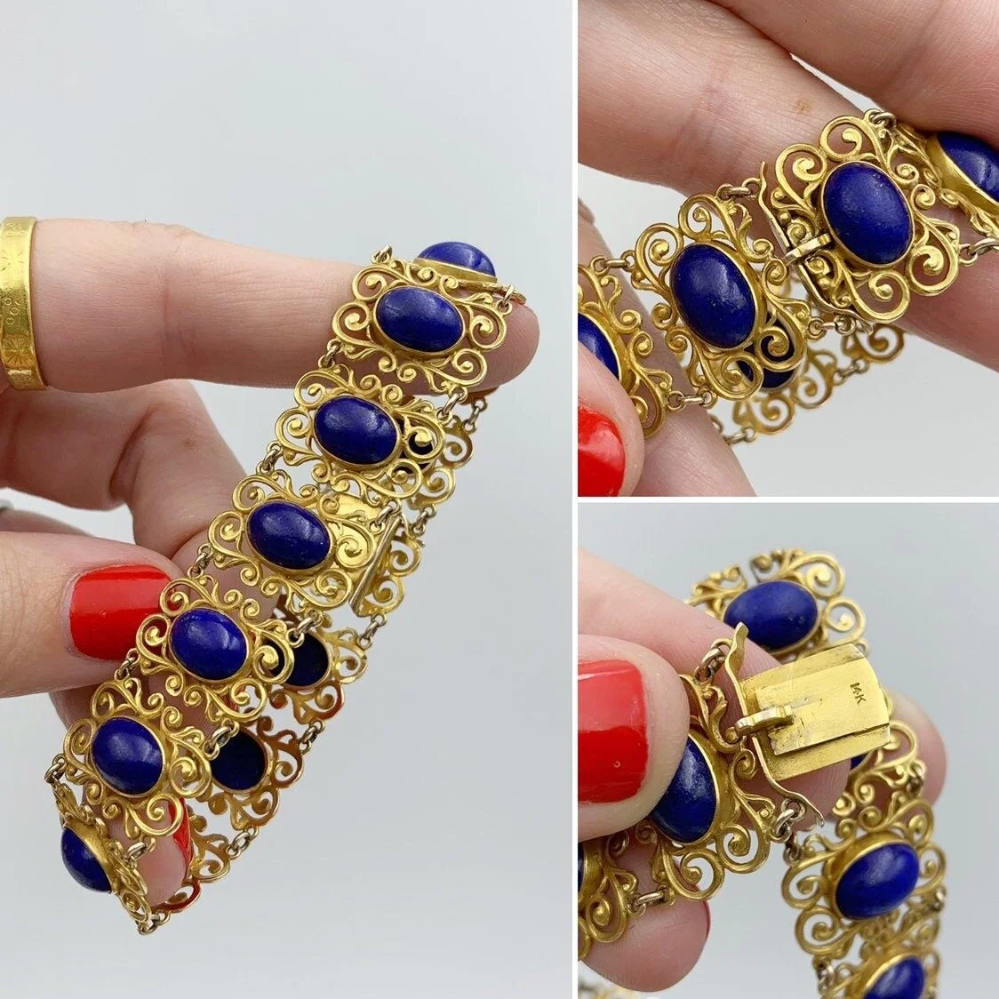 hand wrought handmade gold lapis bracelet reverie vintage estate jewelry nyc