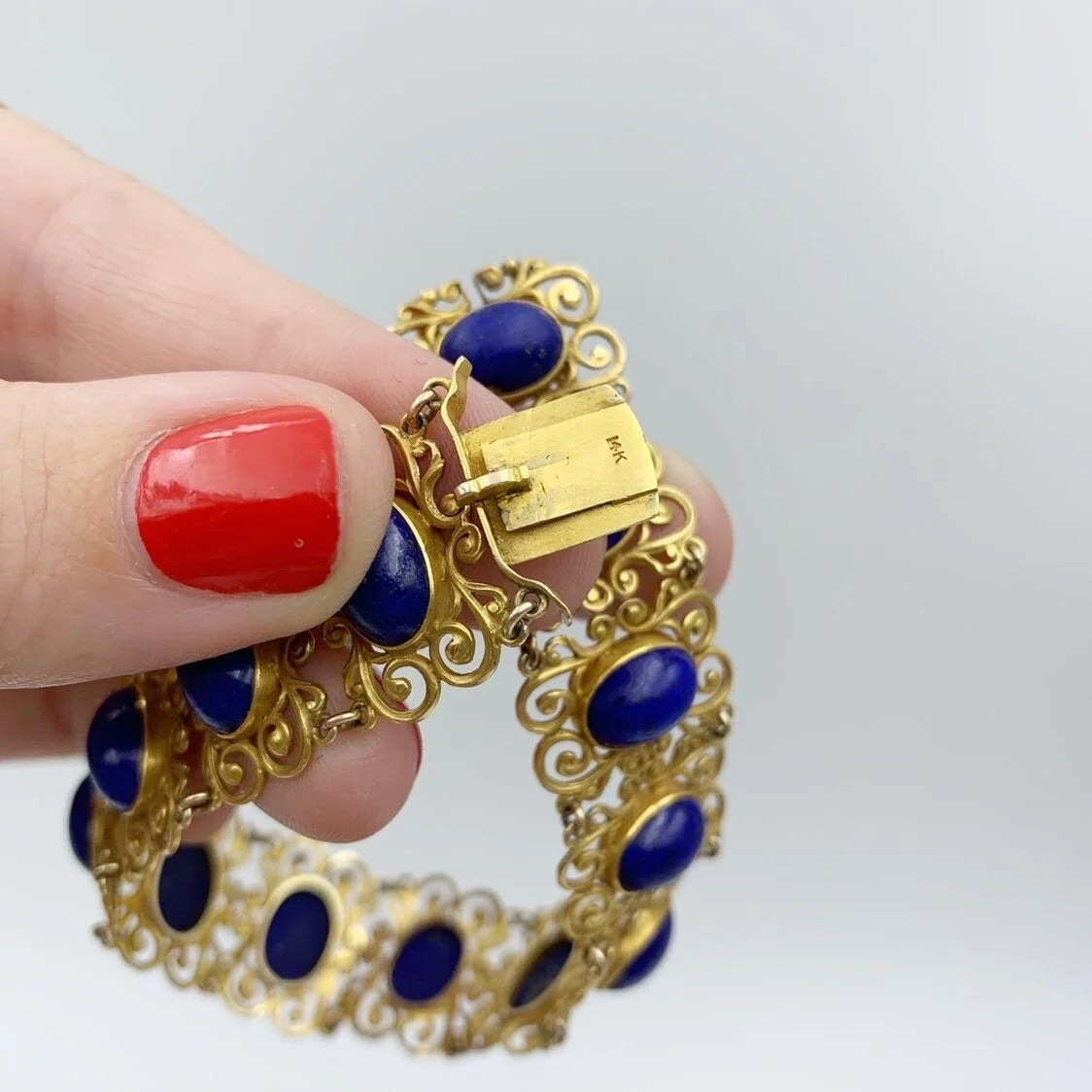 hand wrought handmade gold lapis bracelet reverie vintage estate jewelry nyc