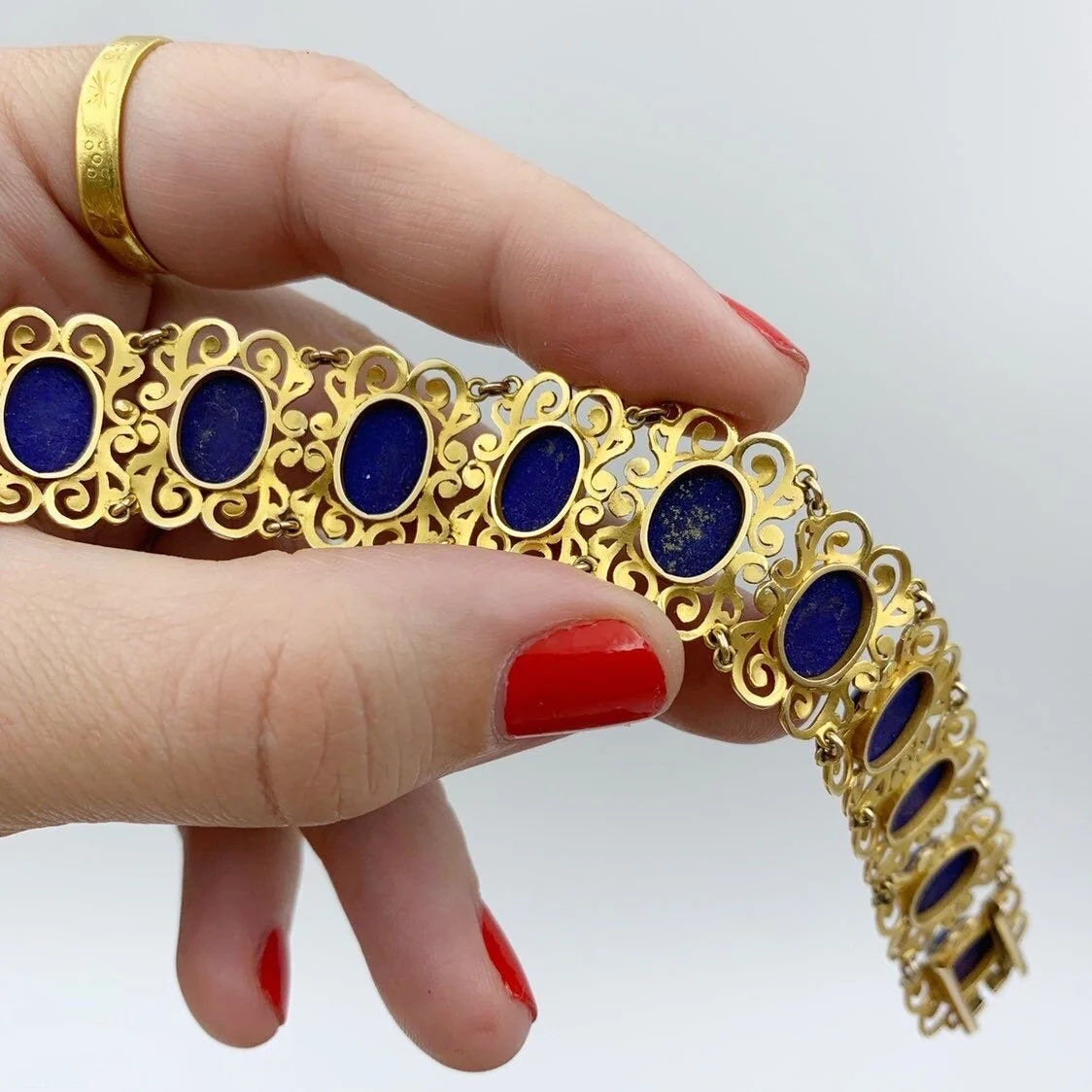 hand wrought handmade gold lapis bracelet reverie vintage estate jewelry nyc