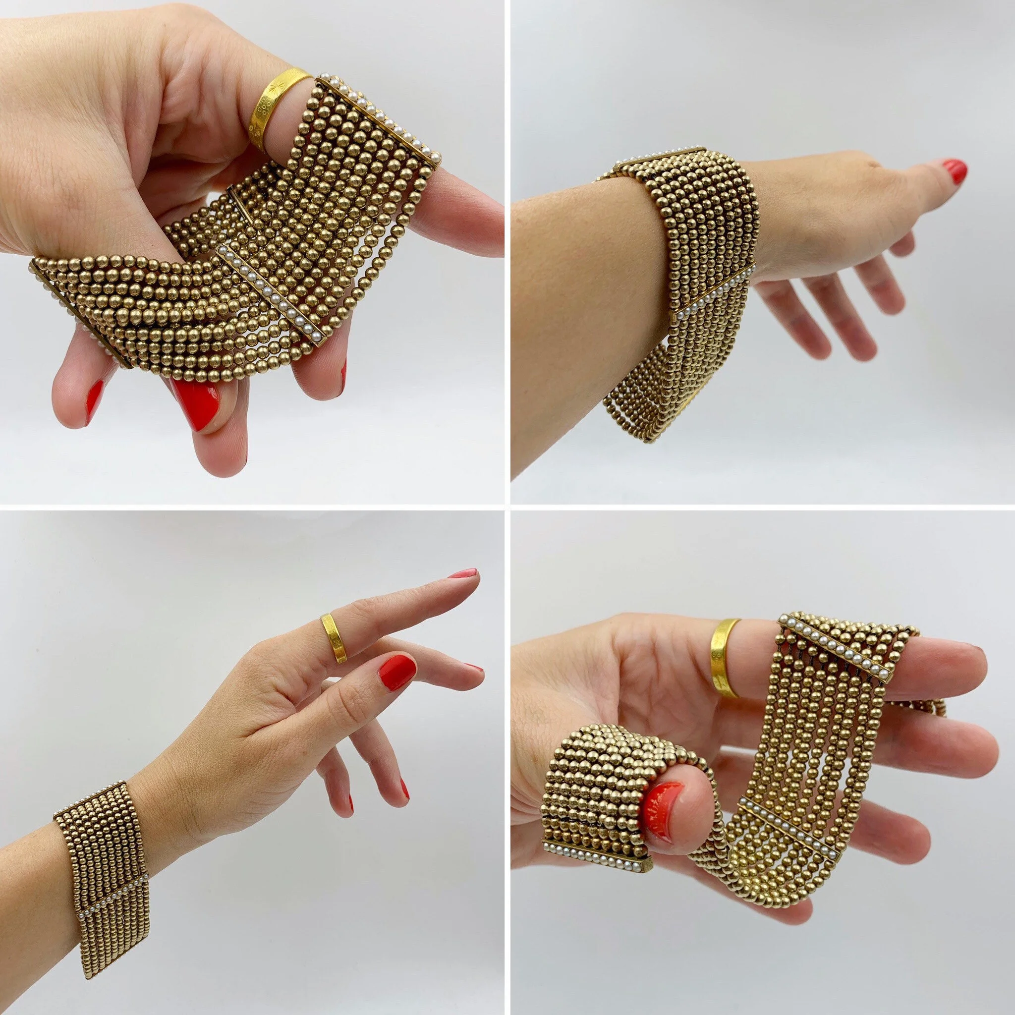 mid century gold beaded wide bracelet reverie vintage estate jewelry nyc