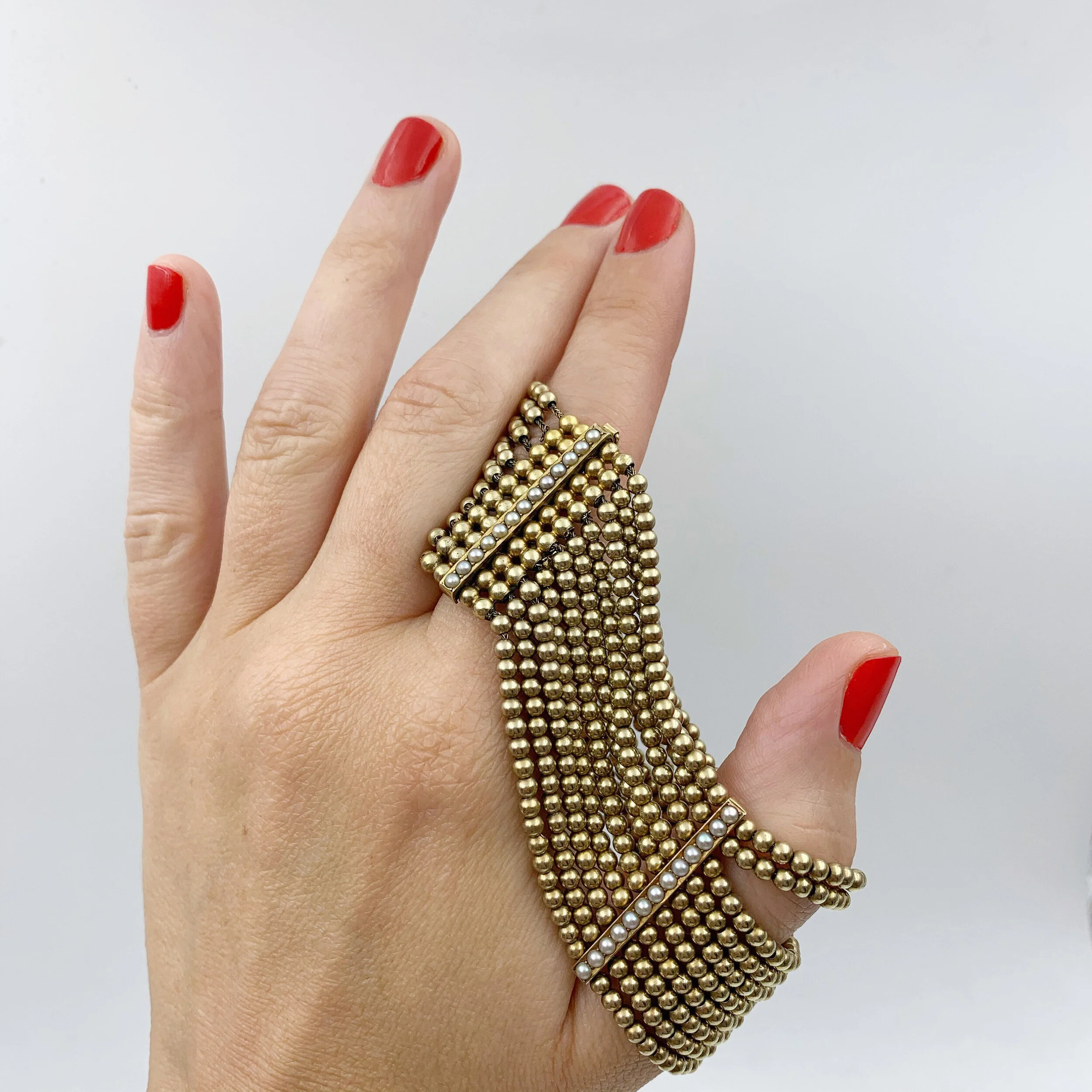 mid century gold beaded wide bracelet reverie vintage estate jewelry nyc