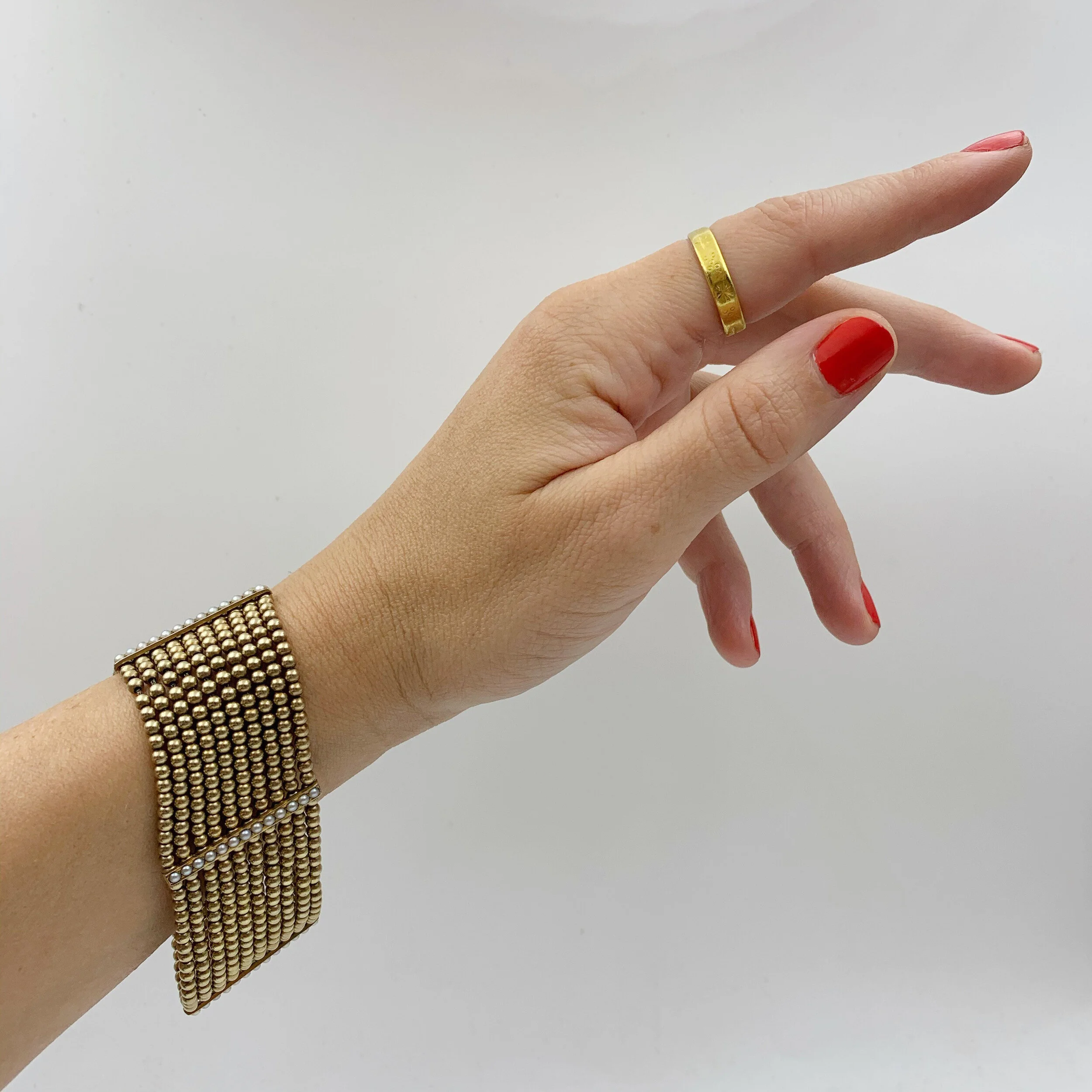 mid century gold beaded wide bracelet reverie vintage estate jewelry nyc