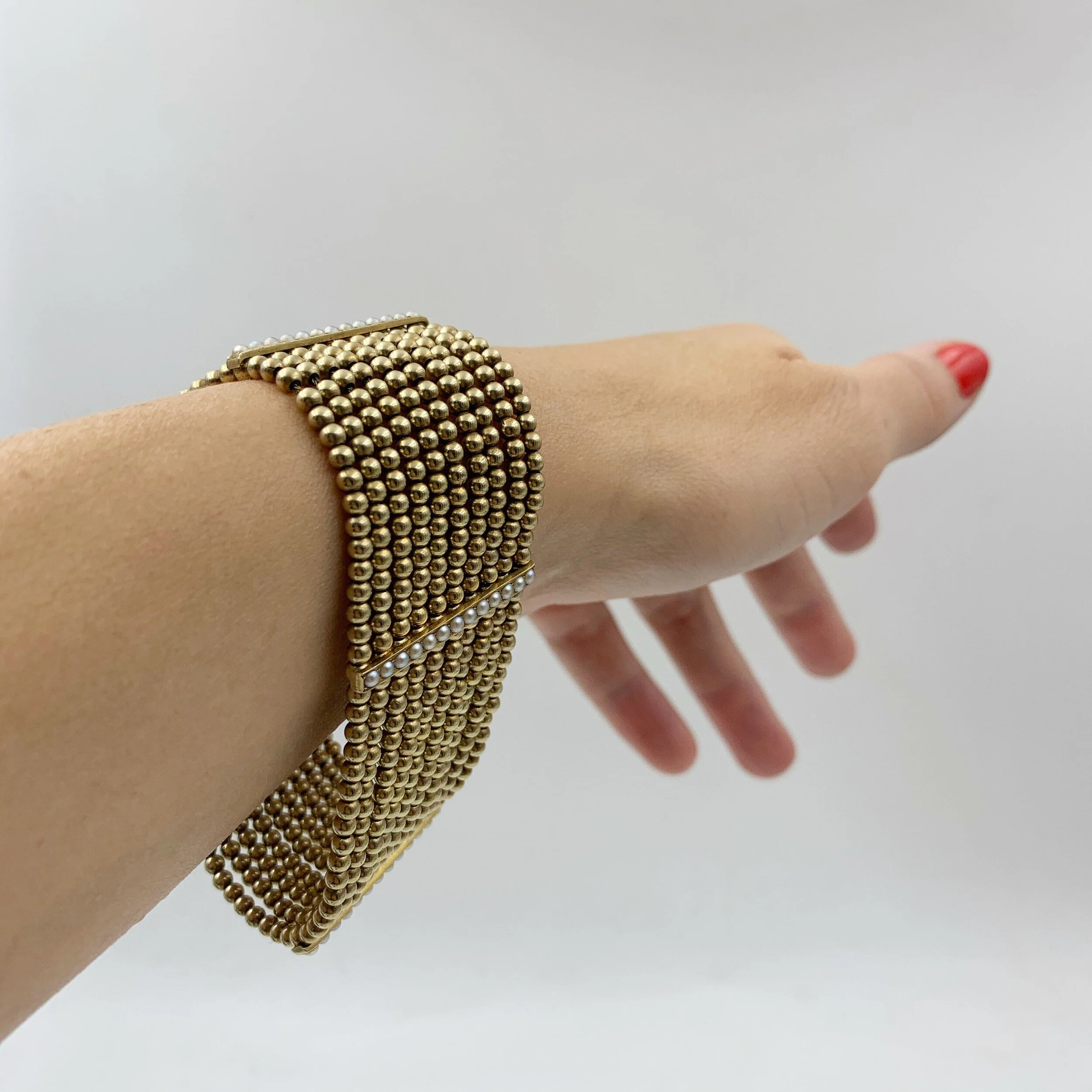 mid century gold beaded wide bracelet reverie vintage estate jewelry nyc
