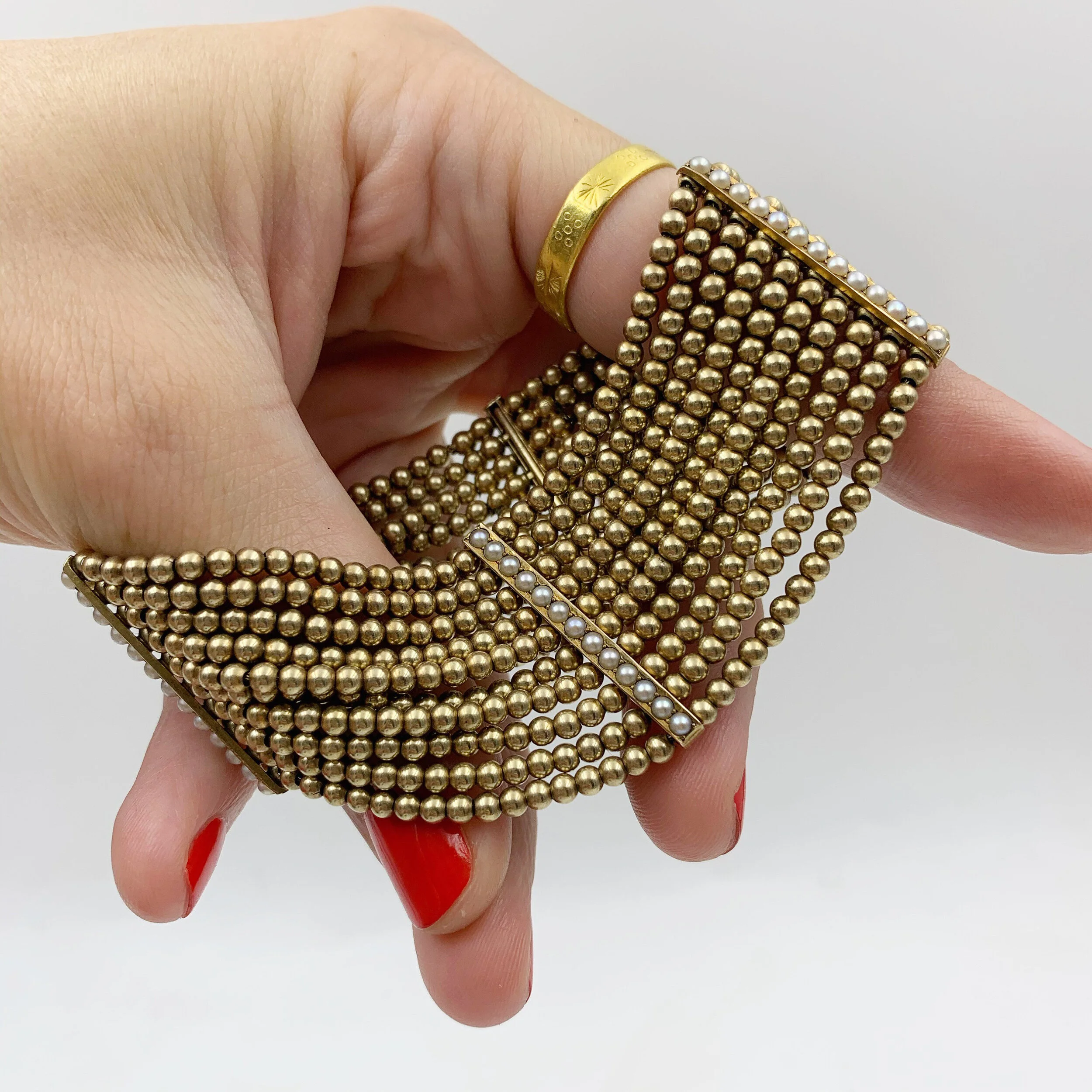 mid century gold beaded wide bracelet reverie vintage estate jewelry nyc