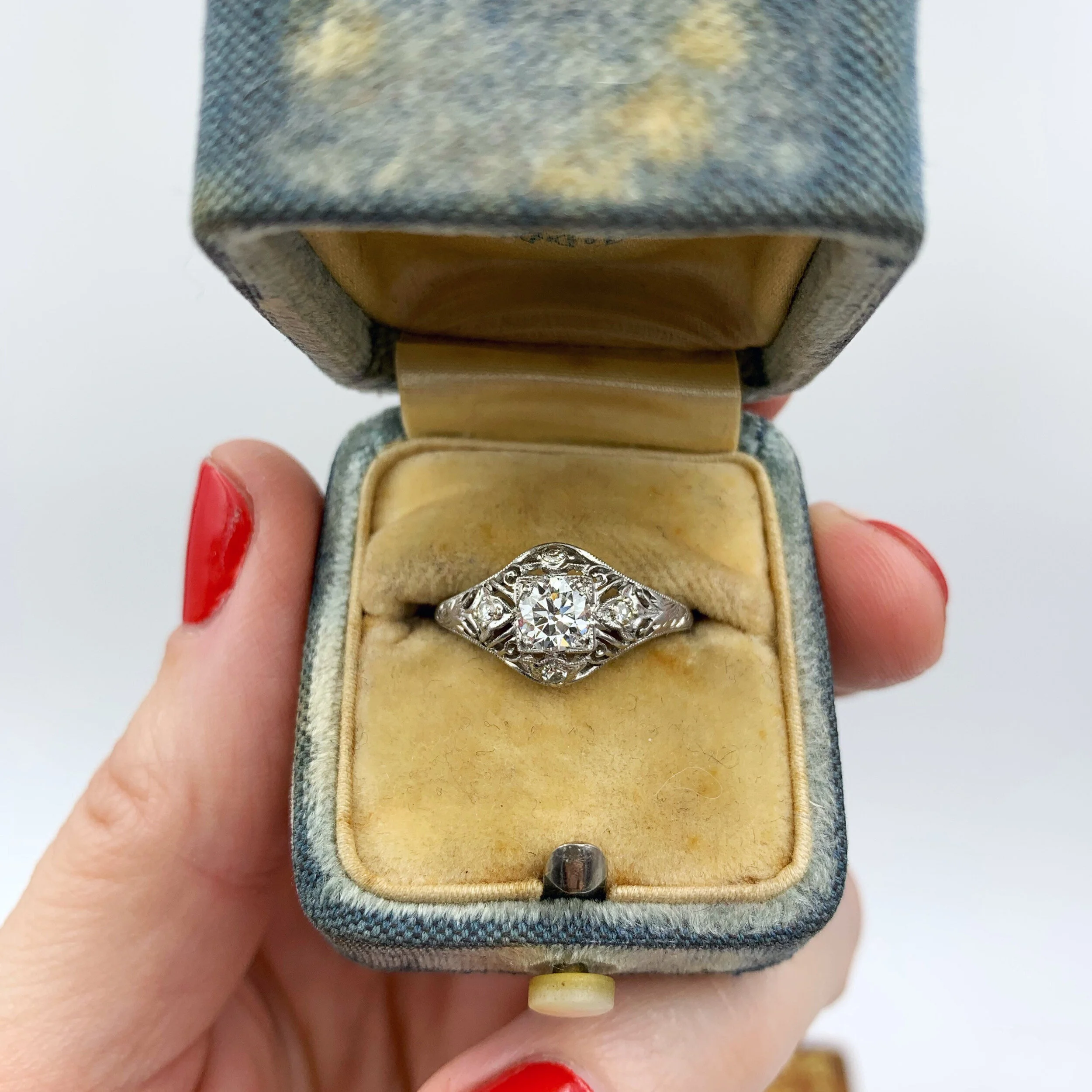 platinum Art Deco diamond engagement ring reverie estate jewelry nyc