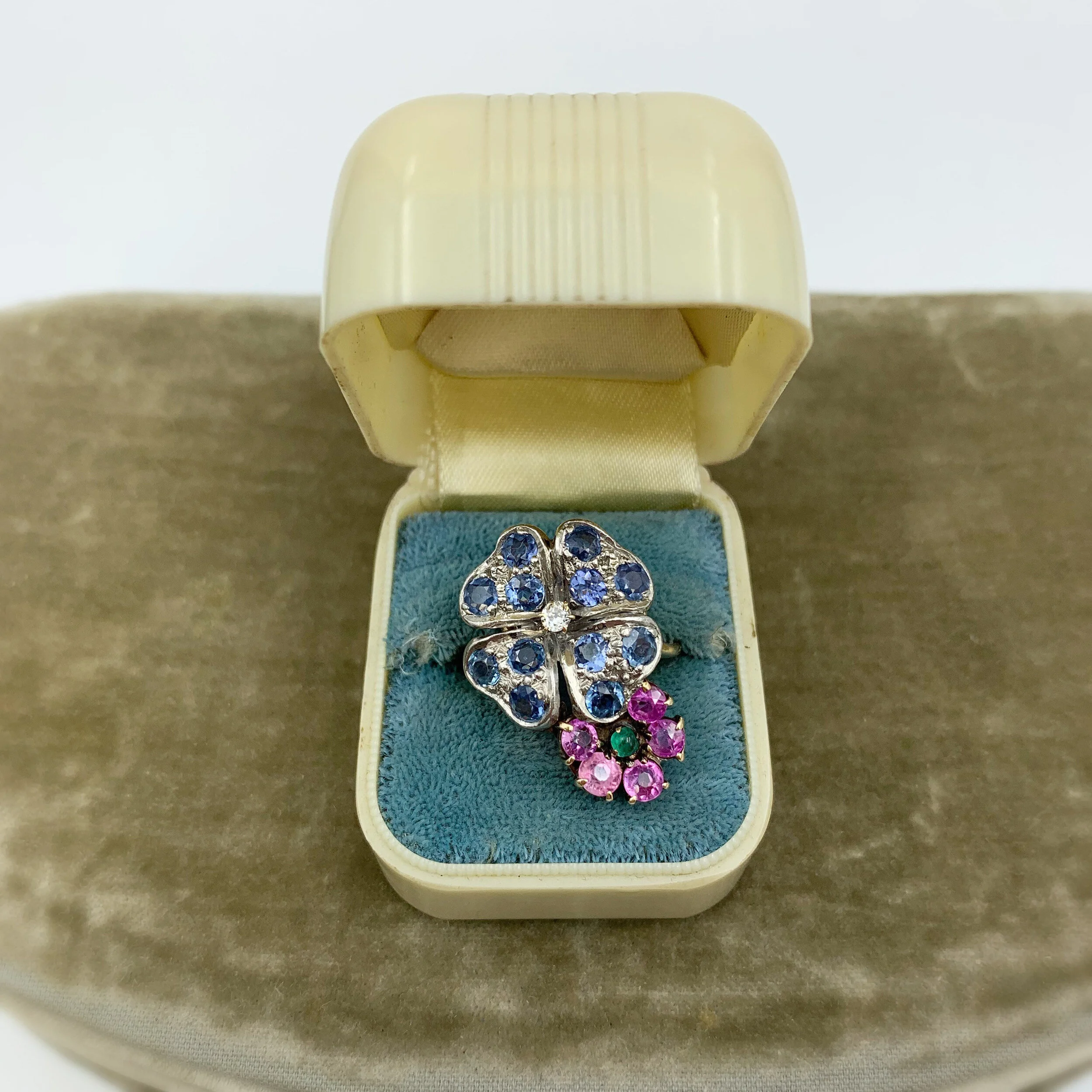 vintage sapphire and ruby flower ring reverie estate jewelry nyc