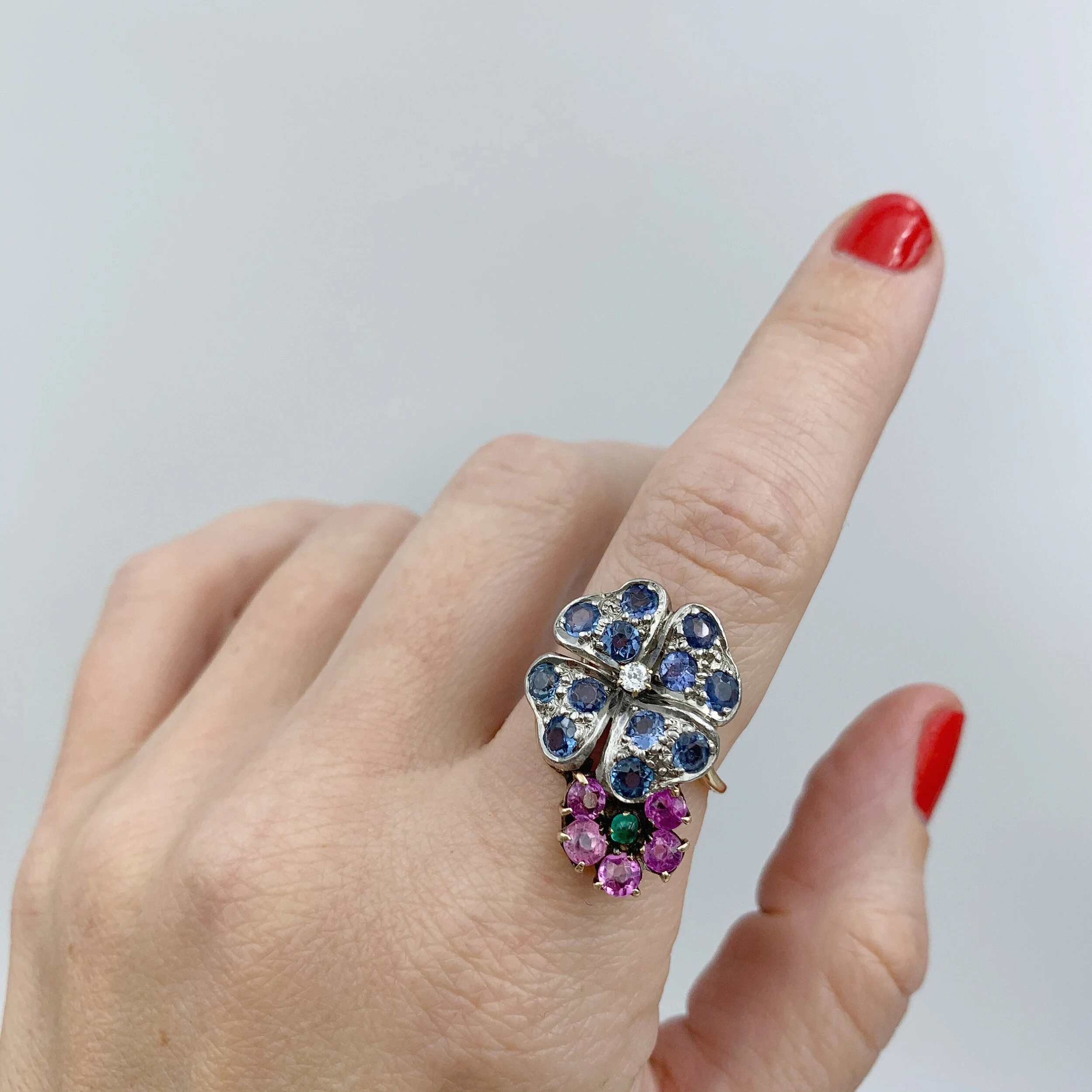 vintage sapphire and ruby flower ring reverie estate jewelry nyc