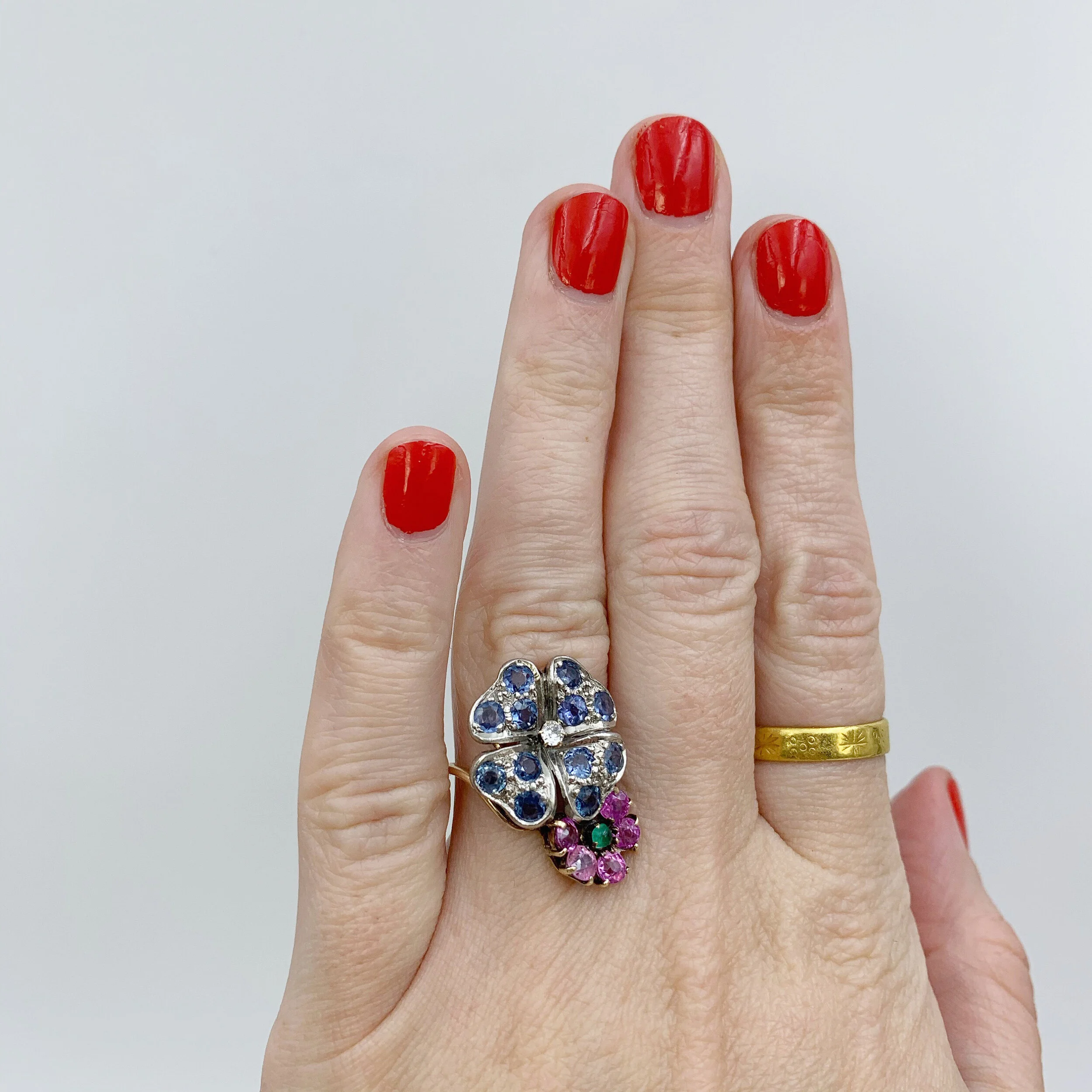 vintage sapphire and ruby flower ring reverie estate jewelry nyc