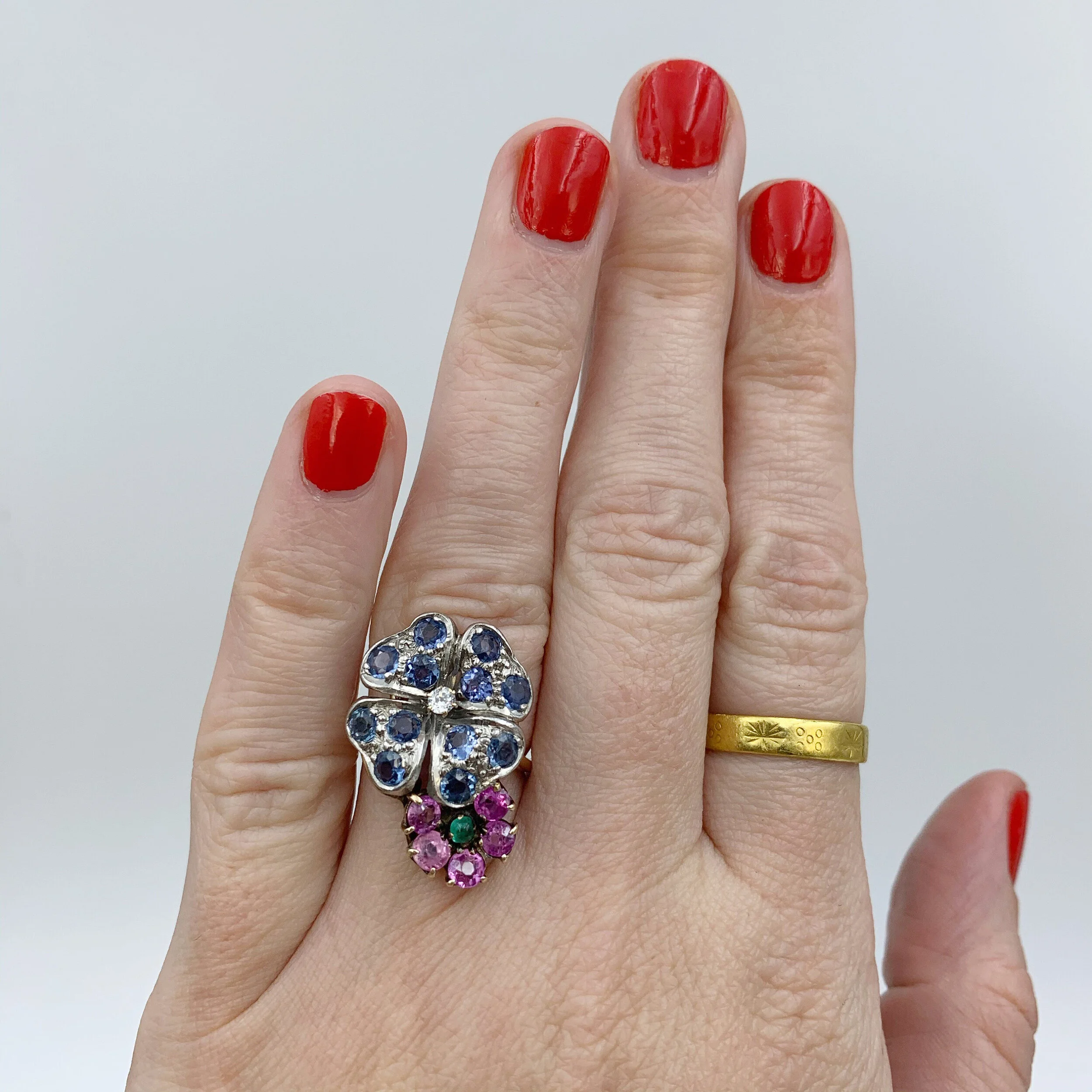 vintage sapphire and ruby flower ring reverie estate jewelry nyc