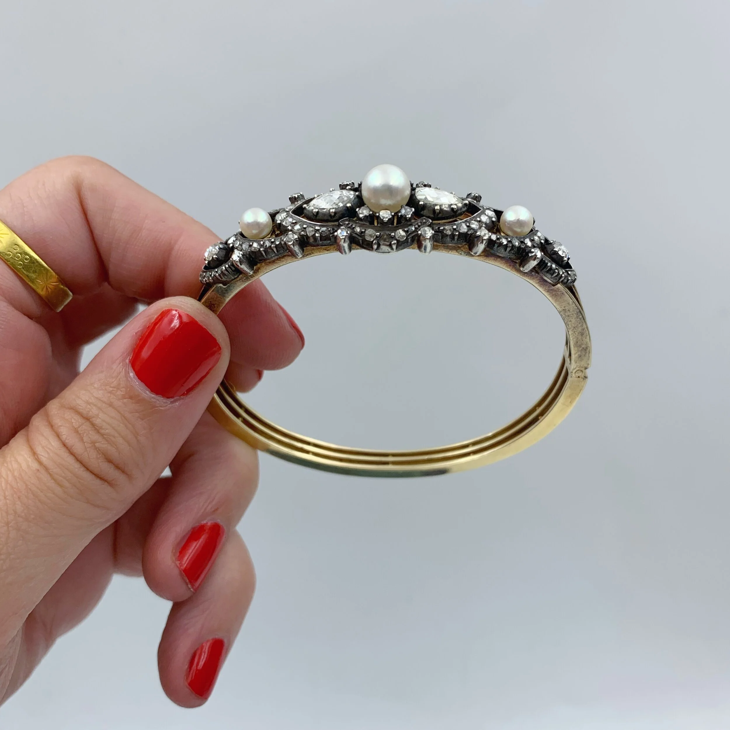 Antique Victorian rose cut diamond encrusted gold bangle Reverie estate jewelry nyc