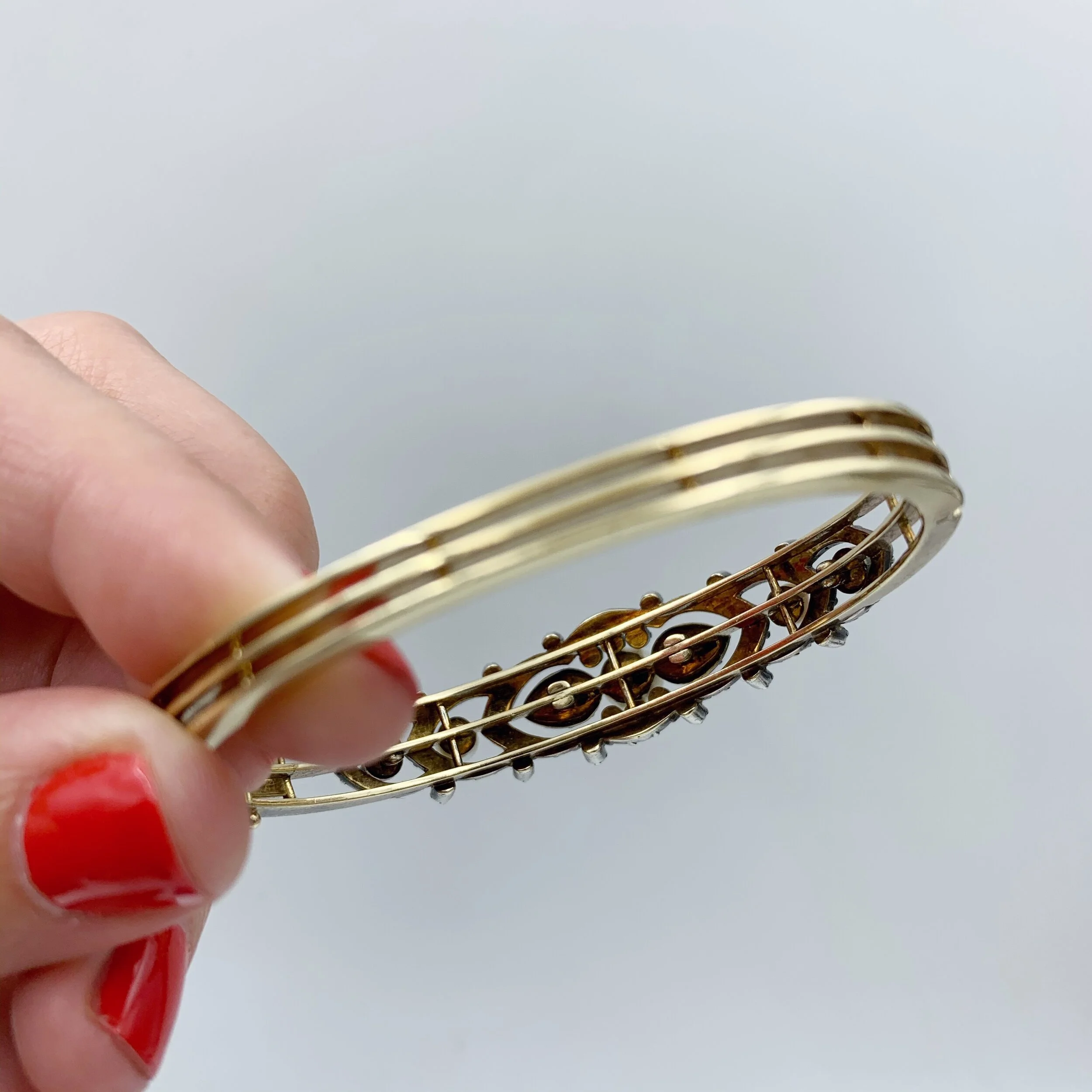 Antique Victorian rose cut diamond encrusted gold bangle Reverie estate jewelry nyc