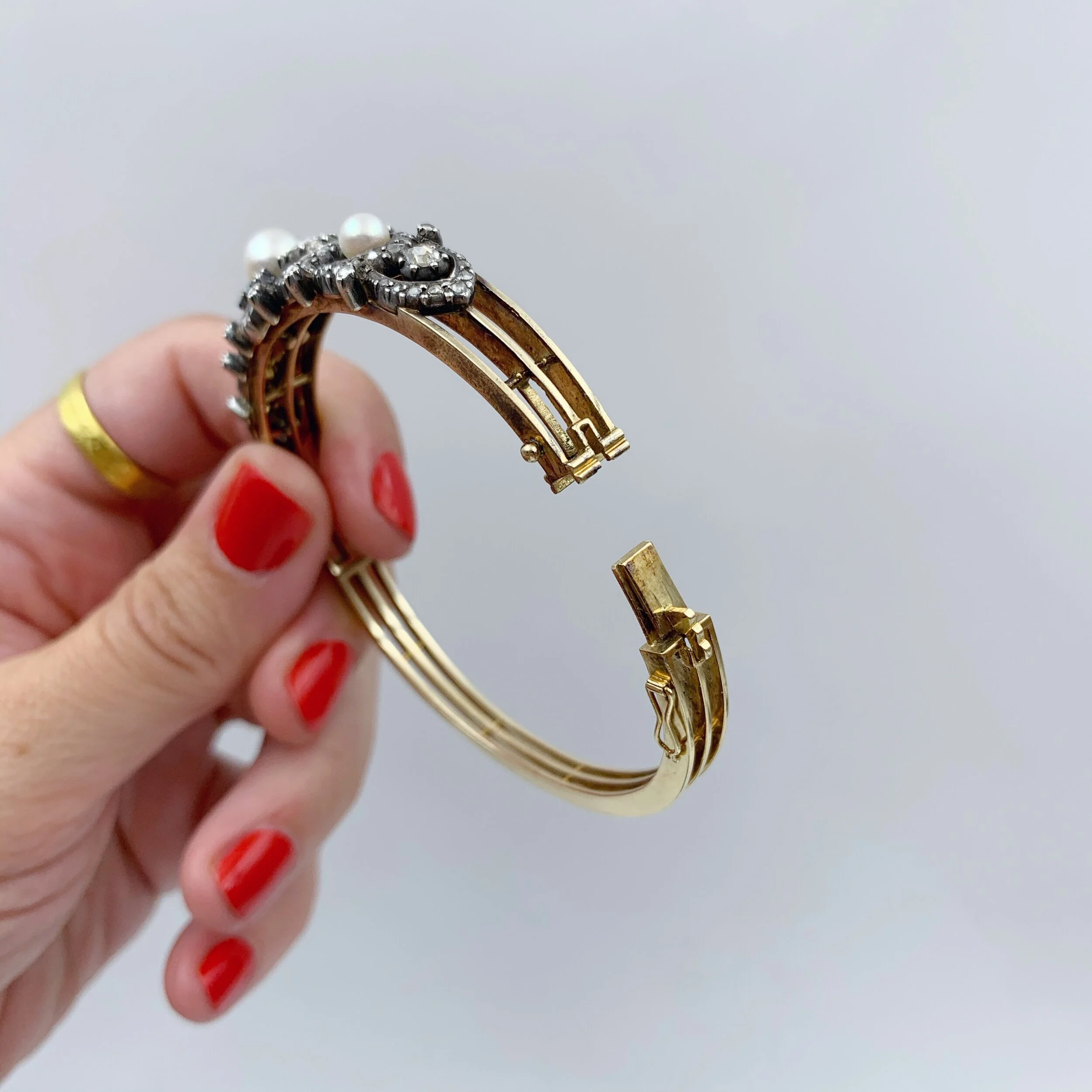 Antique Victorian rose cut diamond encrusted gold bangle Reverie estate jewelry nyc