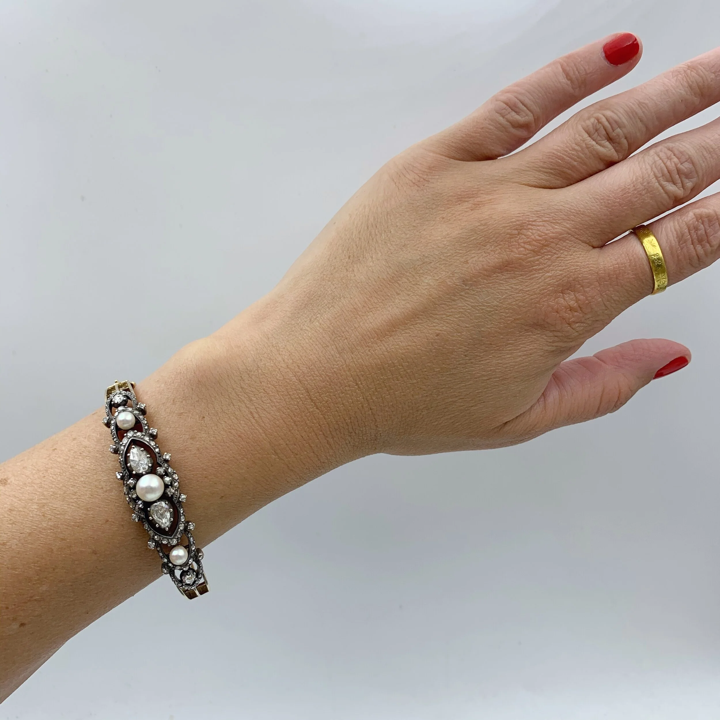 Antique Victorian rose cut diamond encrusted gold bangle Reverie estate jewelry nyc