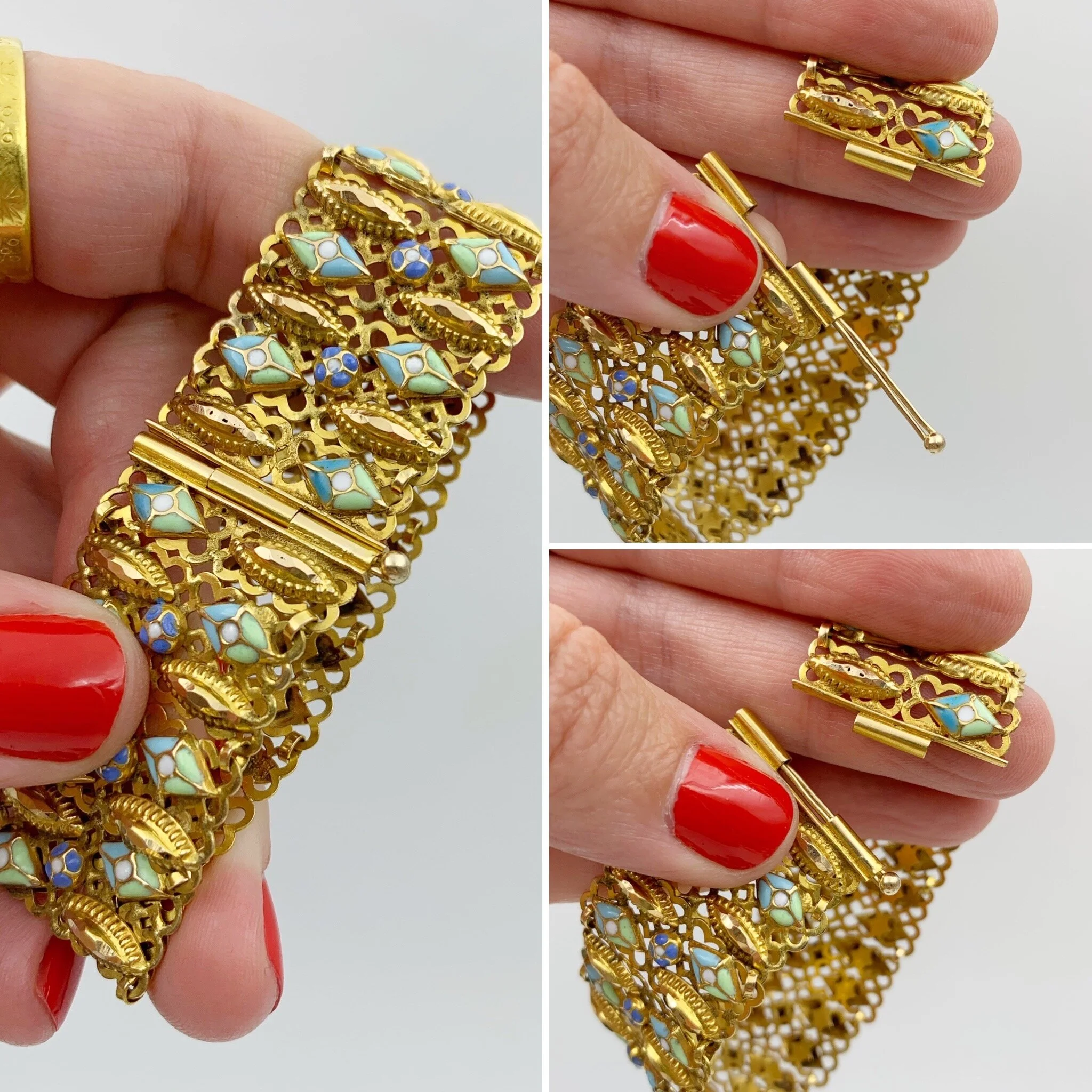 Antique high karat gold enamel bracelet Reverie vintage estate jewelry 