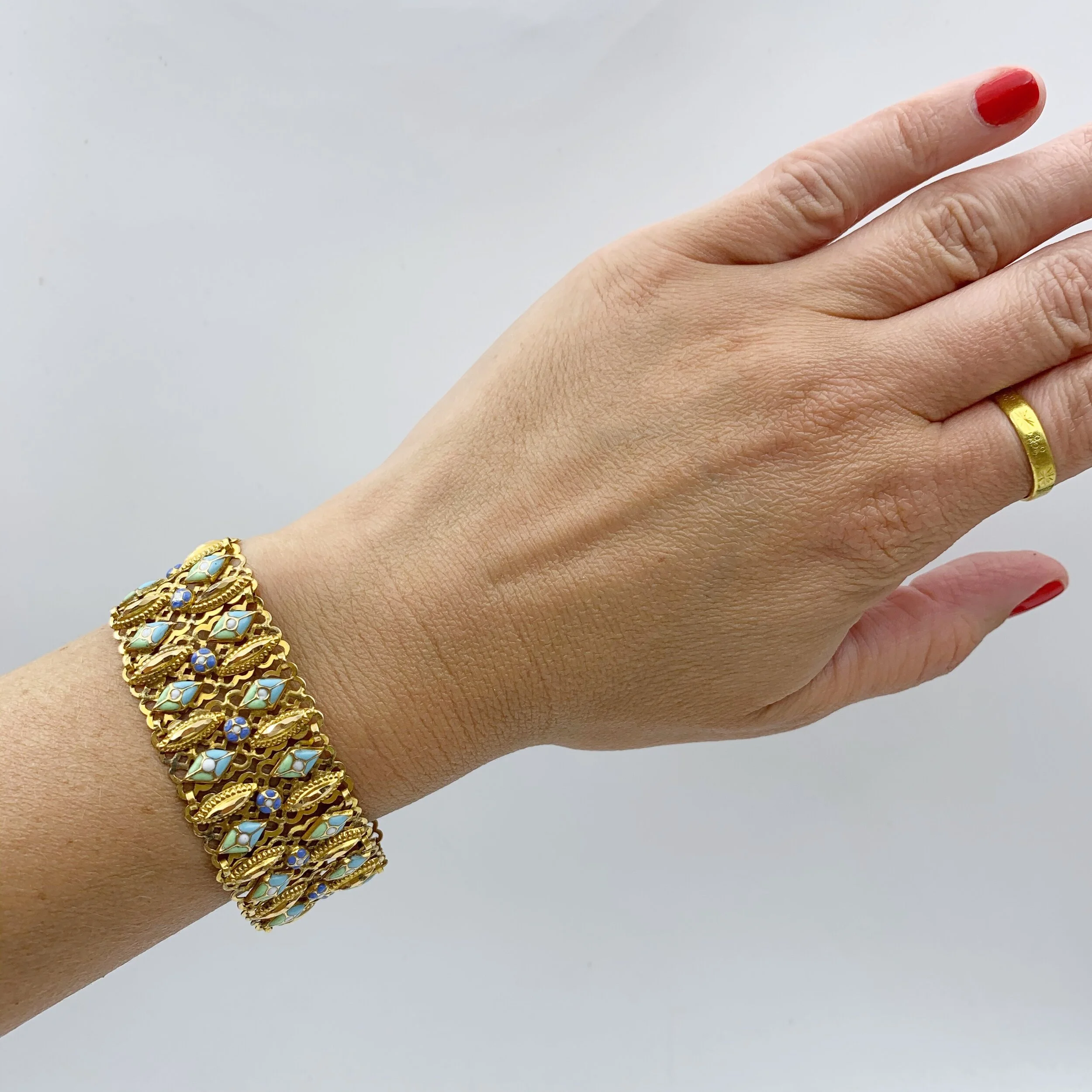Antique high karat gold enamel bracelet Reverie vintage estate jewelry 
