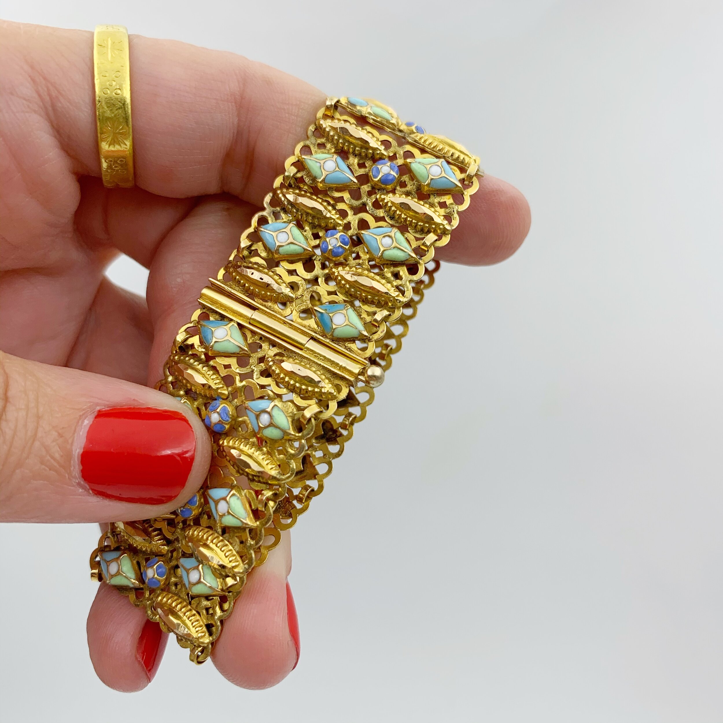 Antique high karat gold enamel bracelet Reverie vintage estate jewelry 