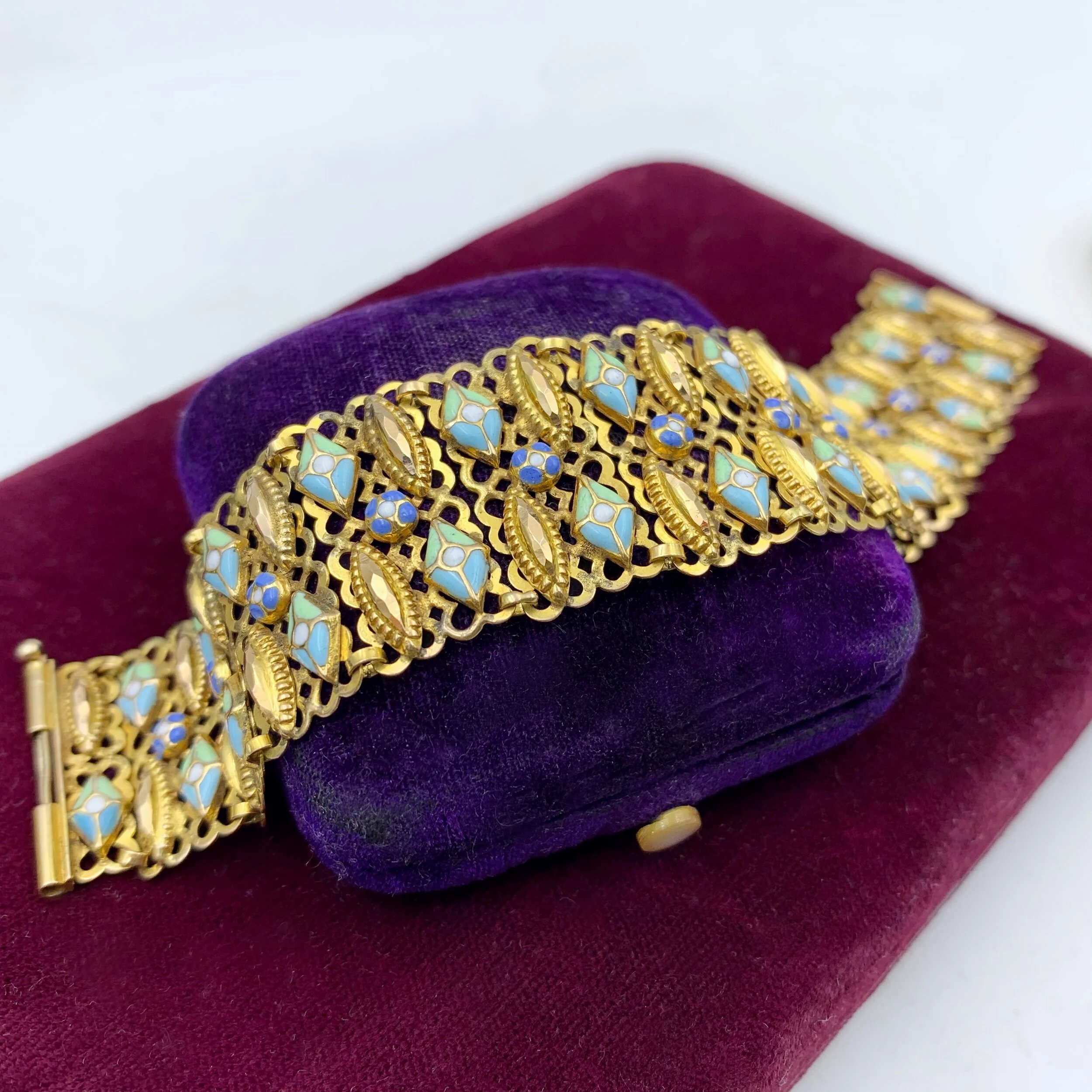 Antique high karat gold enamel bracelet Reverie vintage estate jewelry 