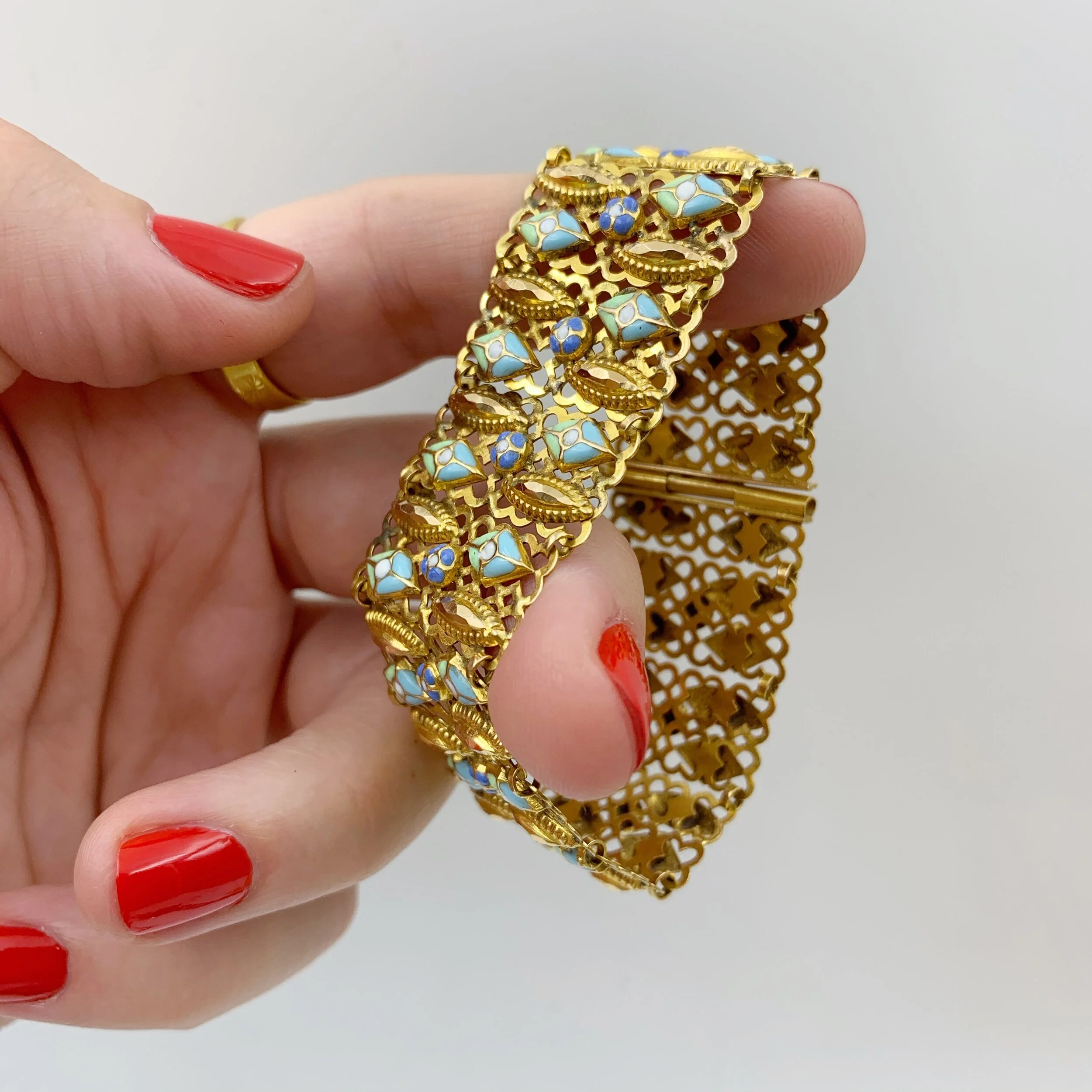 Antique high karat gold enamel bracelet Reverie vintage estate jewelry 