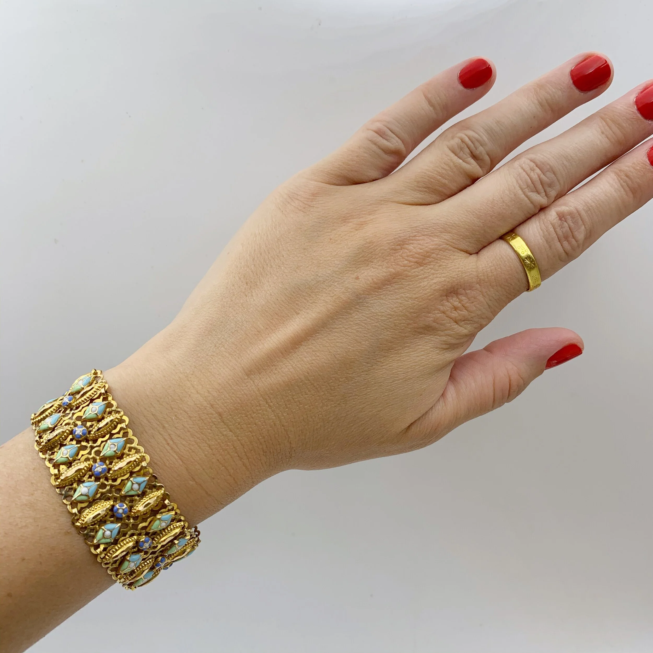 Antique high karat gold enamel bracelet Reverie vintage estate jewelry 