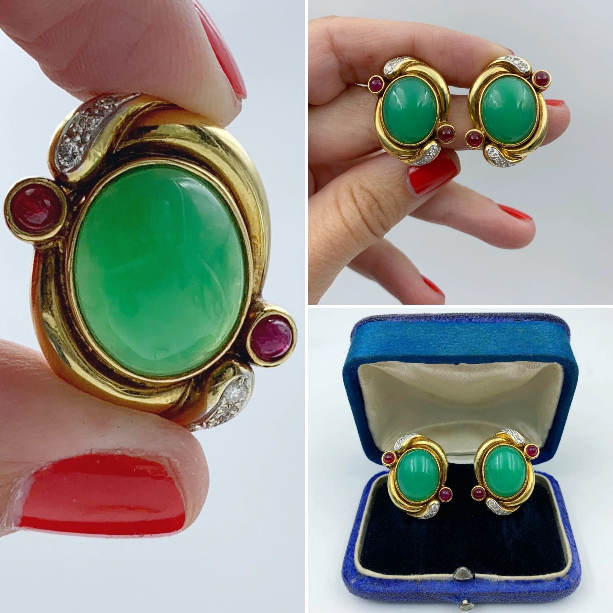 Vintage Jadeite ruby statement earrings 18k gold reverie antique estate jewelry NYC