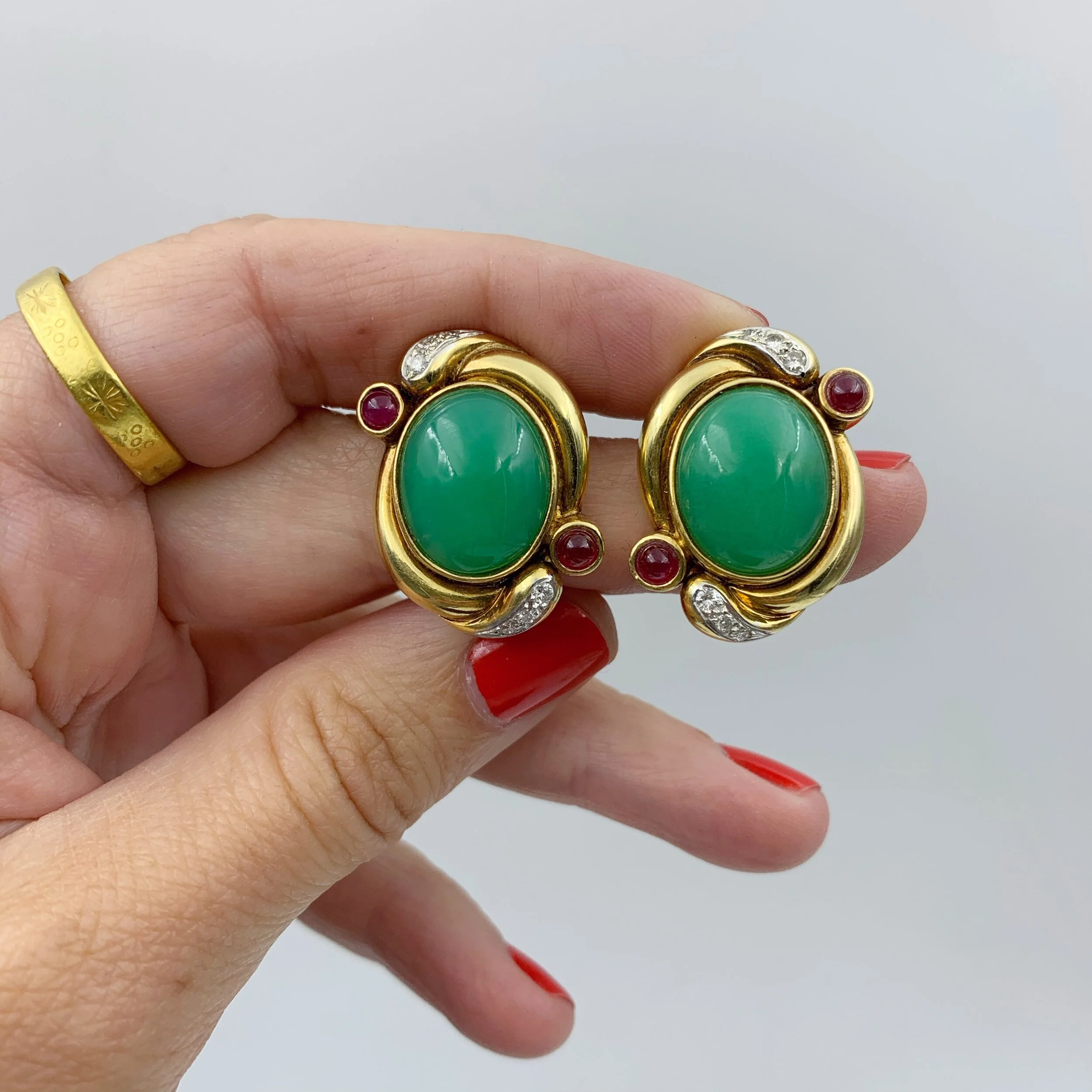 Vintage Jadeite ruby statement earrings 18k gold reverie antique estate jewelry NYC