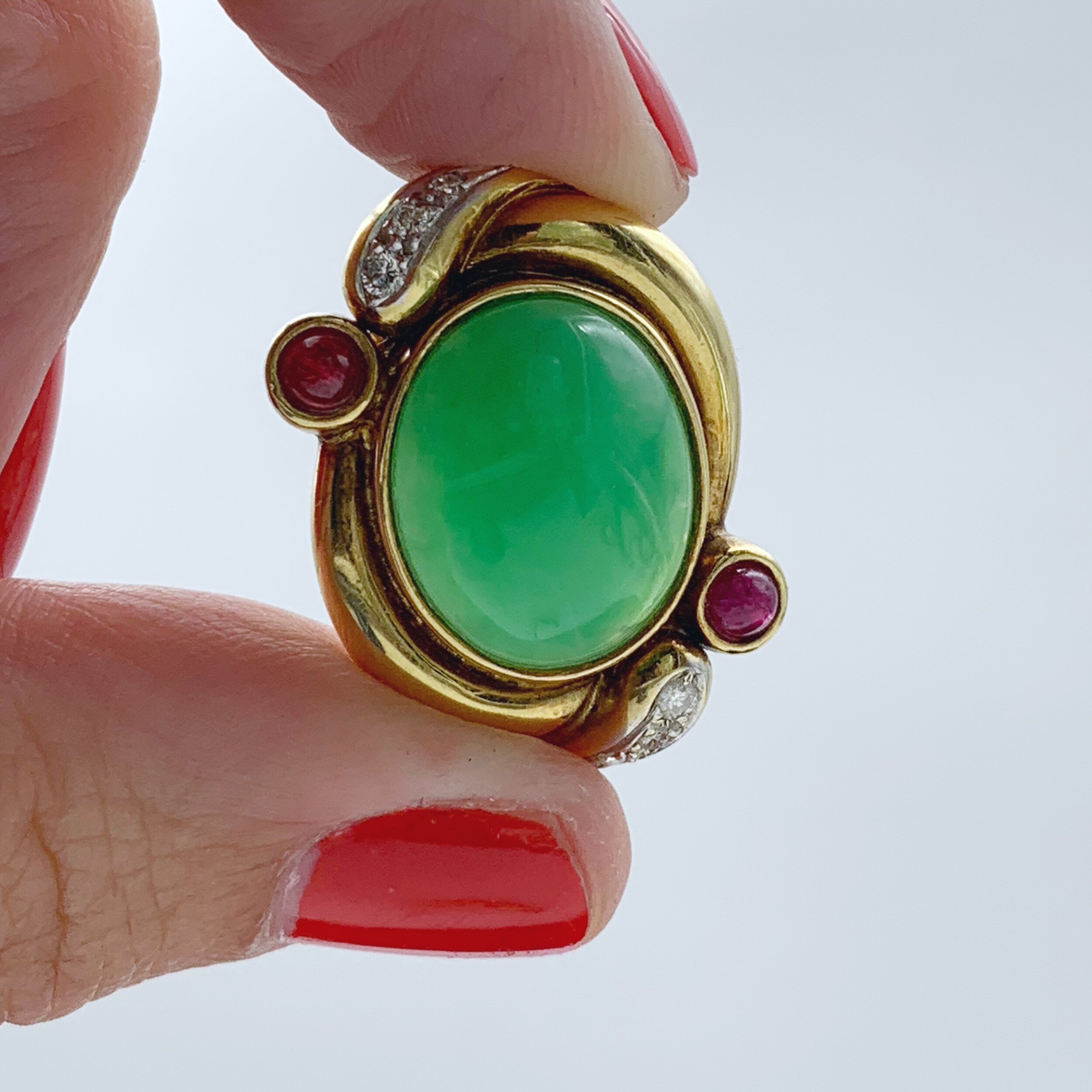 Vintage Jadeite ruby statement earrings 18k gold reverie antique estate jewelry NYC