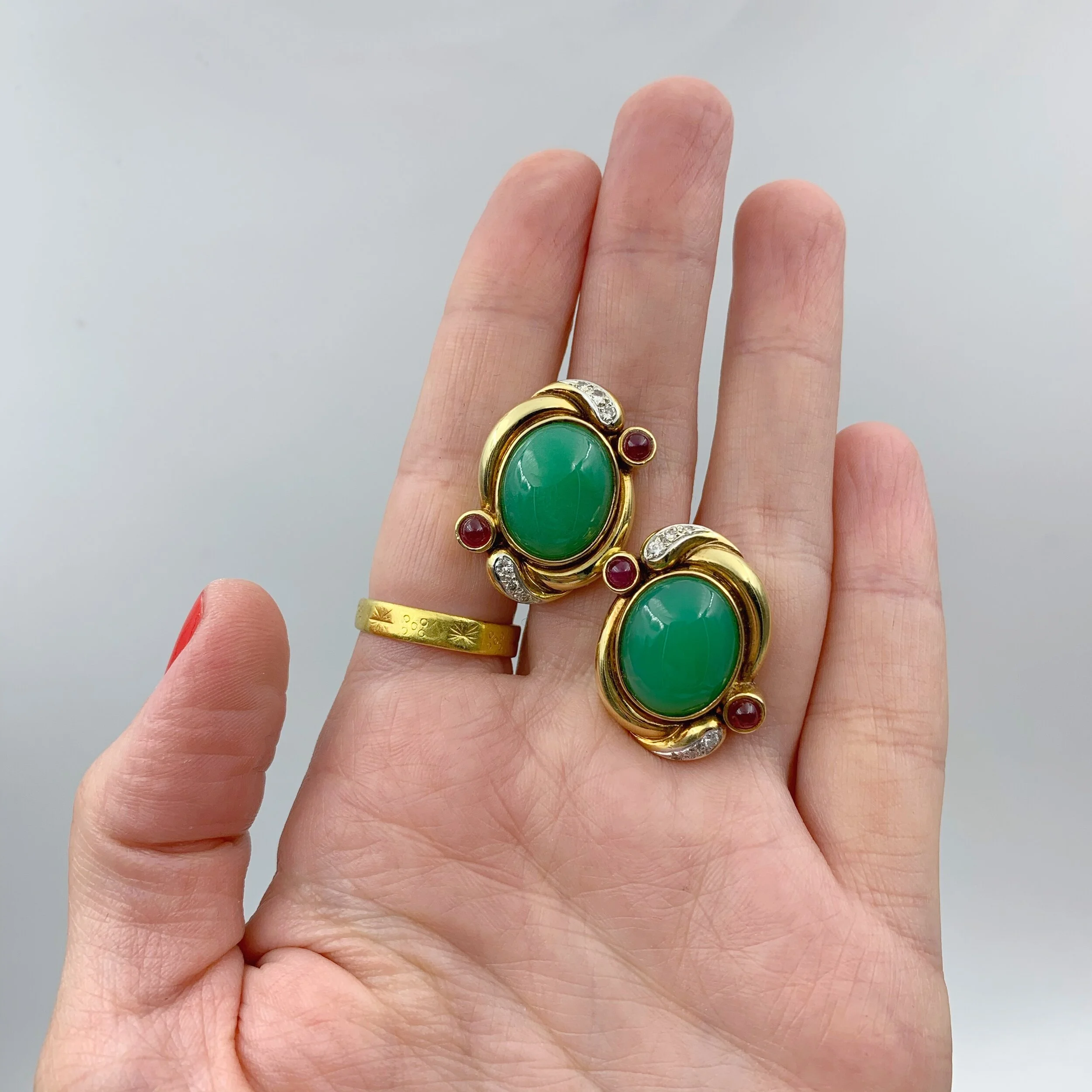 Vintage Jadeite ruby statement earrings 18k gold reverie antique estate jewelry NYC