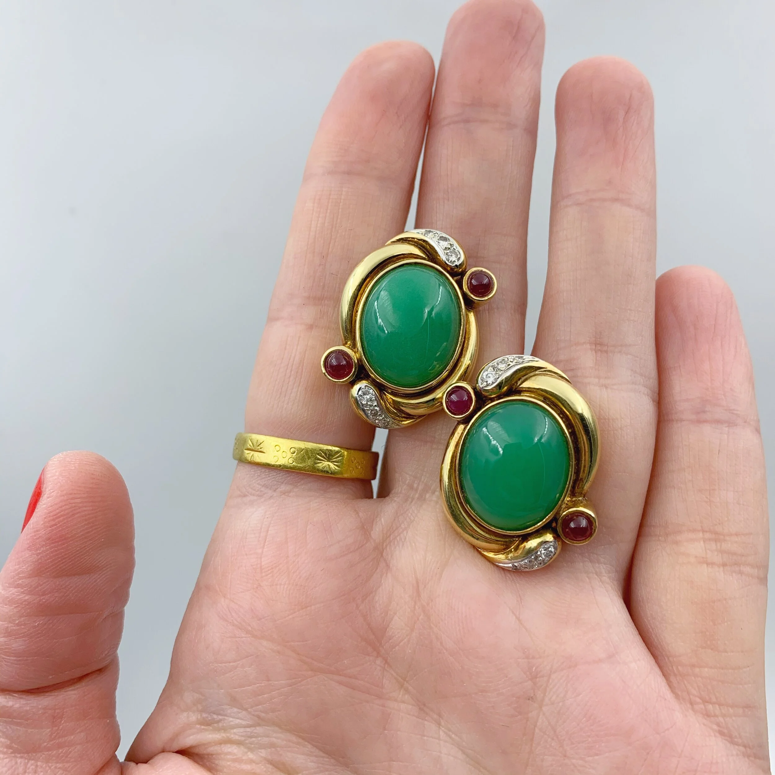 Vintage Jadeite ruby statement earrings 18k gold reverie antique estate jewelry NYC