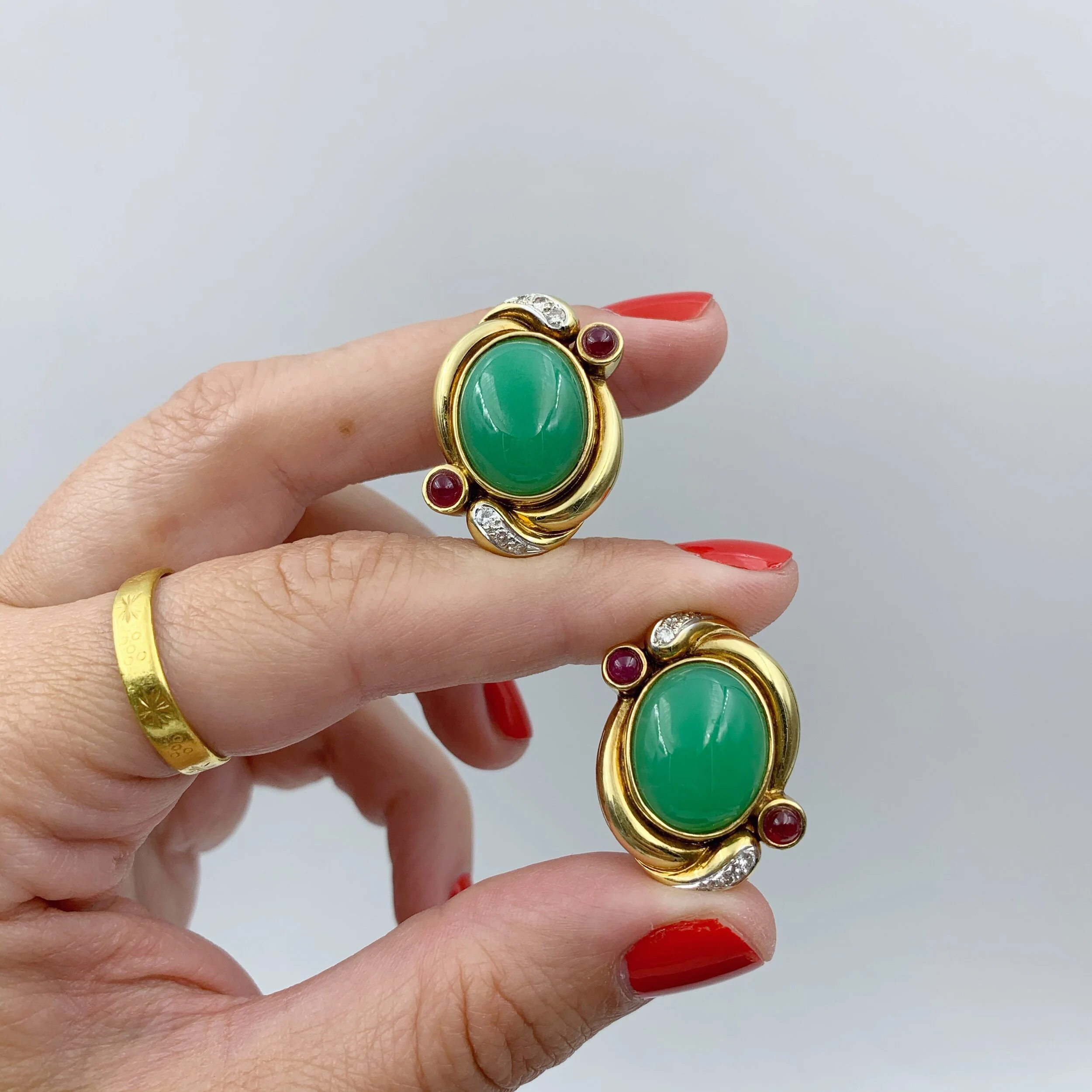 Vintage Jadeite ruby statement earrings 18k gold reverie antique estate jewelry NYC